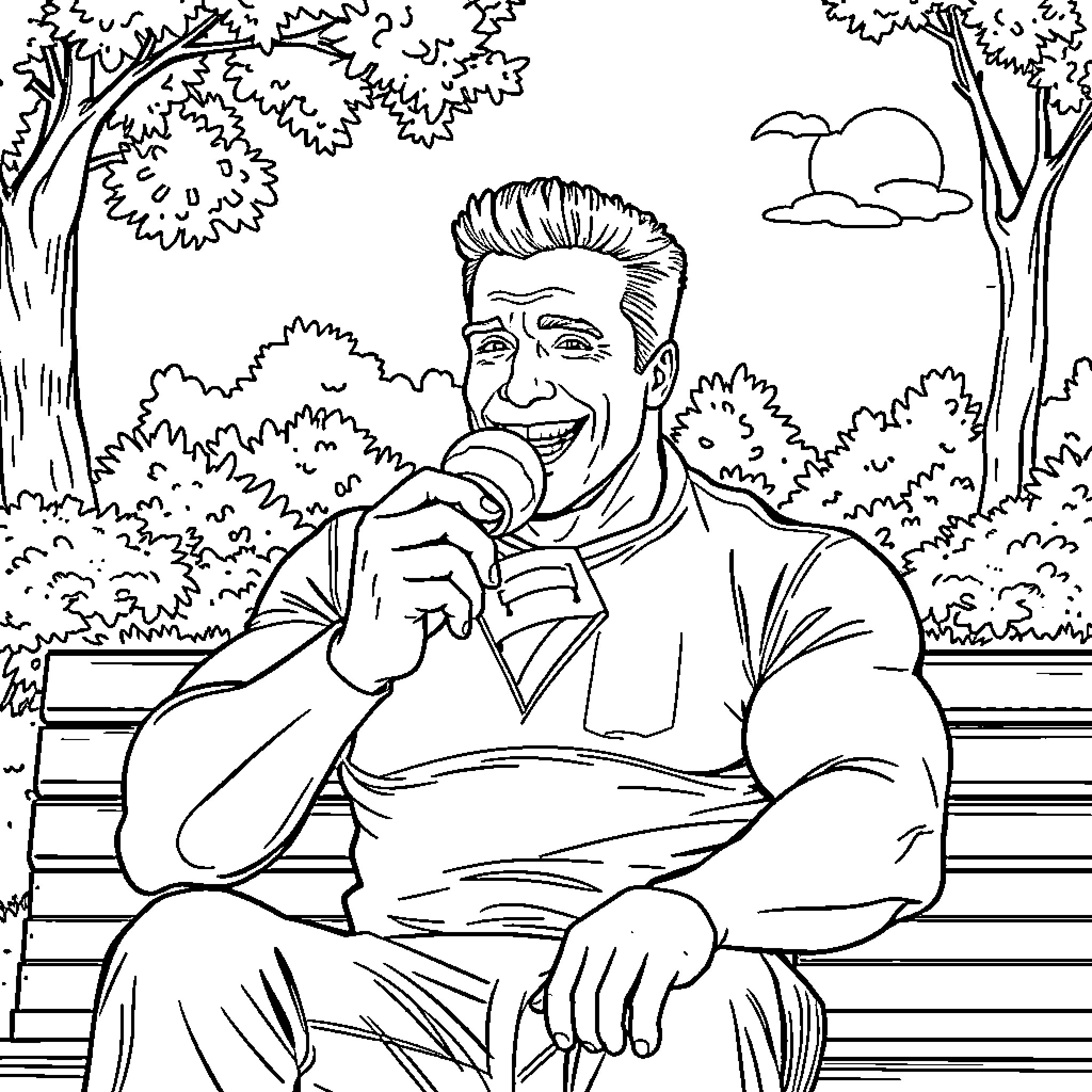 Arnold Schwarzenegger relaxing on a park bench Coloring Page (free black-and-white line drawing printable PDF for all, from beginners to advanced learners, including children, teens, adults, and seniors)