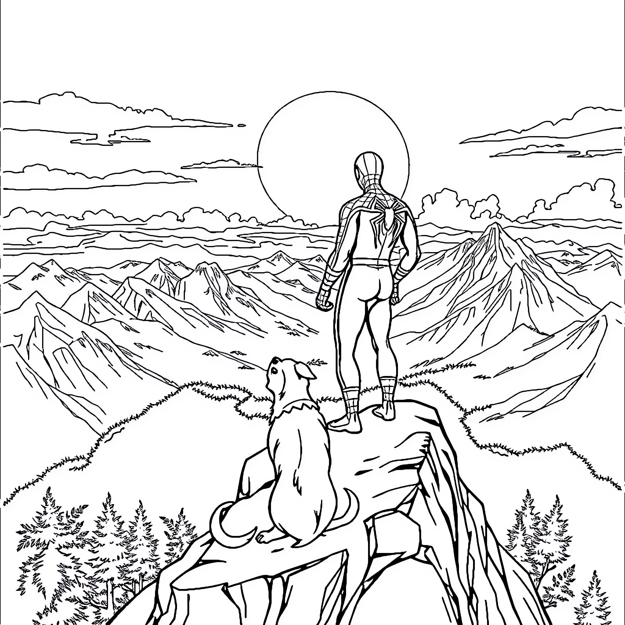 Spiderman overlooking a mountainous landscape with a dog Coloring Page (free black-and-white line drawing printable PDF for all, from beginners to advanced learners, including children, teens, adults, and seniors)