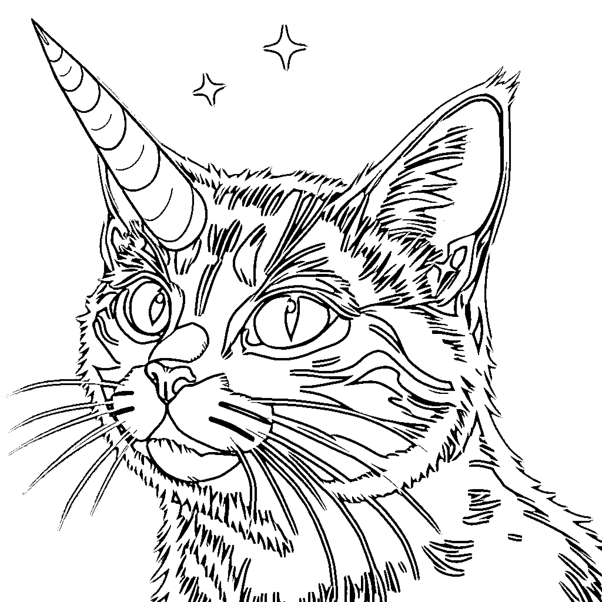 Unicorn Cat Gazing at Shimmering Stars Coloring Page (free black-and-white line drawing printable PDF for all, from beginners to advanced learners, including children, teens, adults, and seniors)