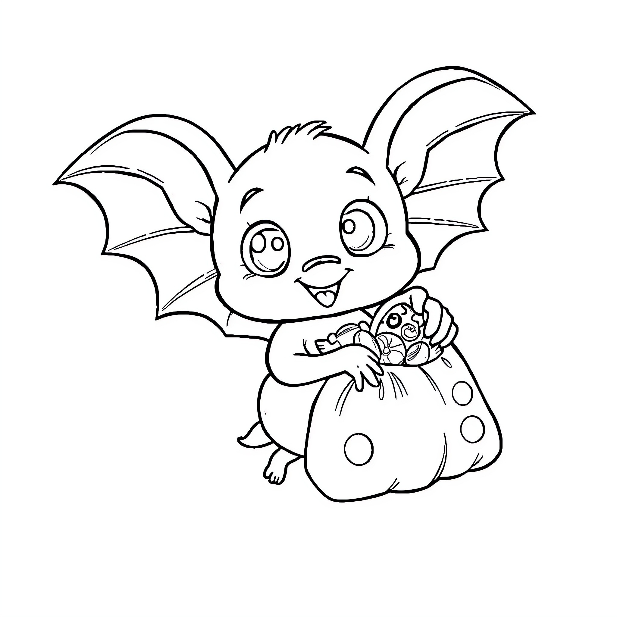 Bat happily carrying a bag of treats Coloring Page (free black-and-white line drawing printable PDF for all, from beginners to advanced learners, including children, teens, adults, and seniors)