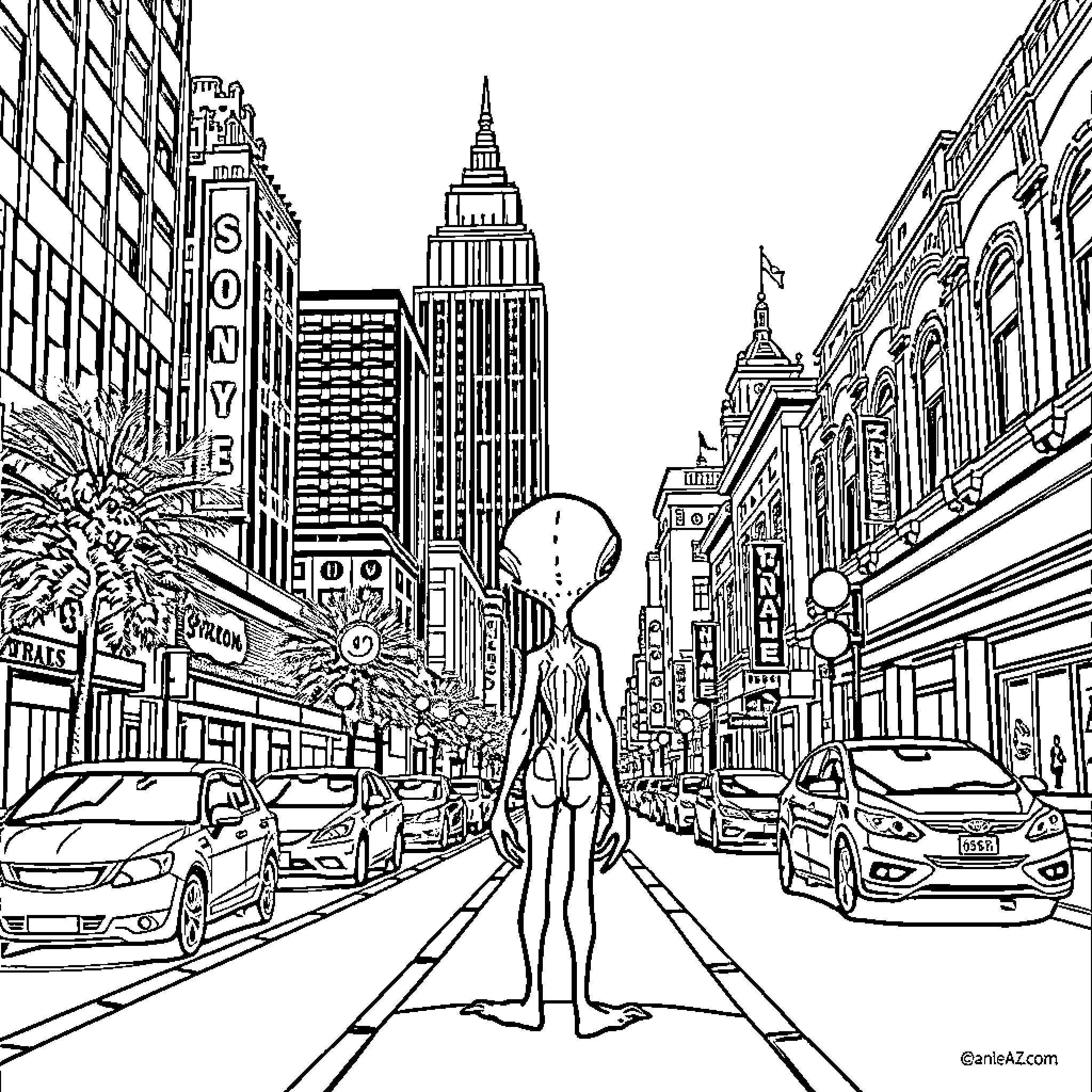Alien exploring bustling city streets Coloring Page (free black-and-white line drawing printable PDF for all, from beginners to advanced learners, including children, teens, adults, and seniors)