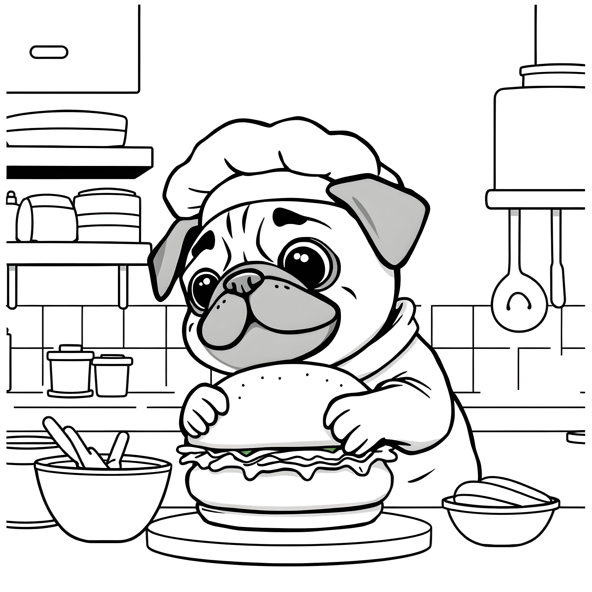 Pug Chef Preparing a Tasty Meal Coloring Page (free black-and-white line drawing printable PDF for all, from beginners to advanced learners, including children, teens, adults, and seniors)