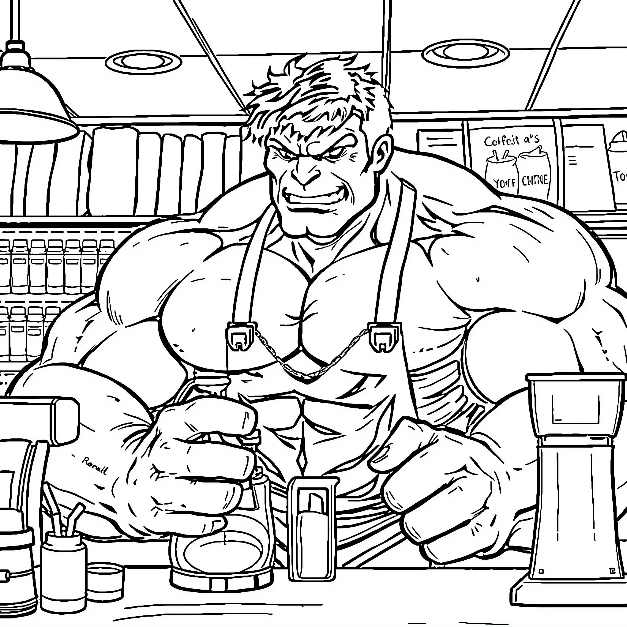 Hulk Angry and Tense in Hardware Store Coloring Page (free black-and-white line drawing printable PDF for all, from beginners to advanced learners, including children, teens, adults, and seniors)