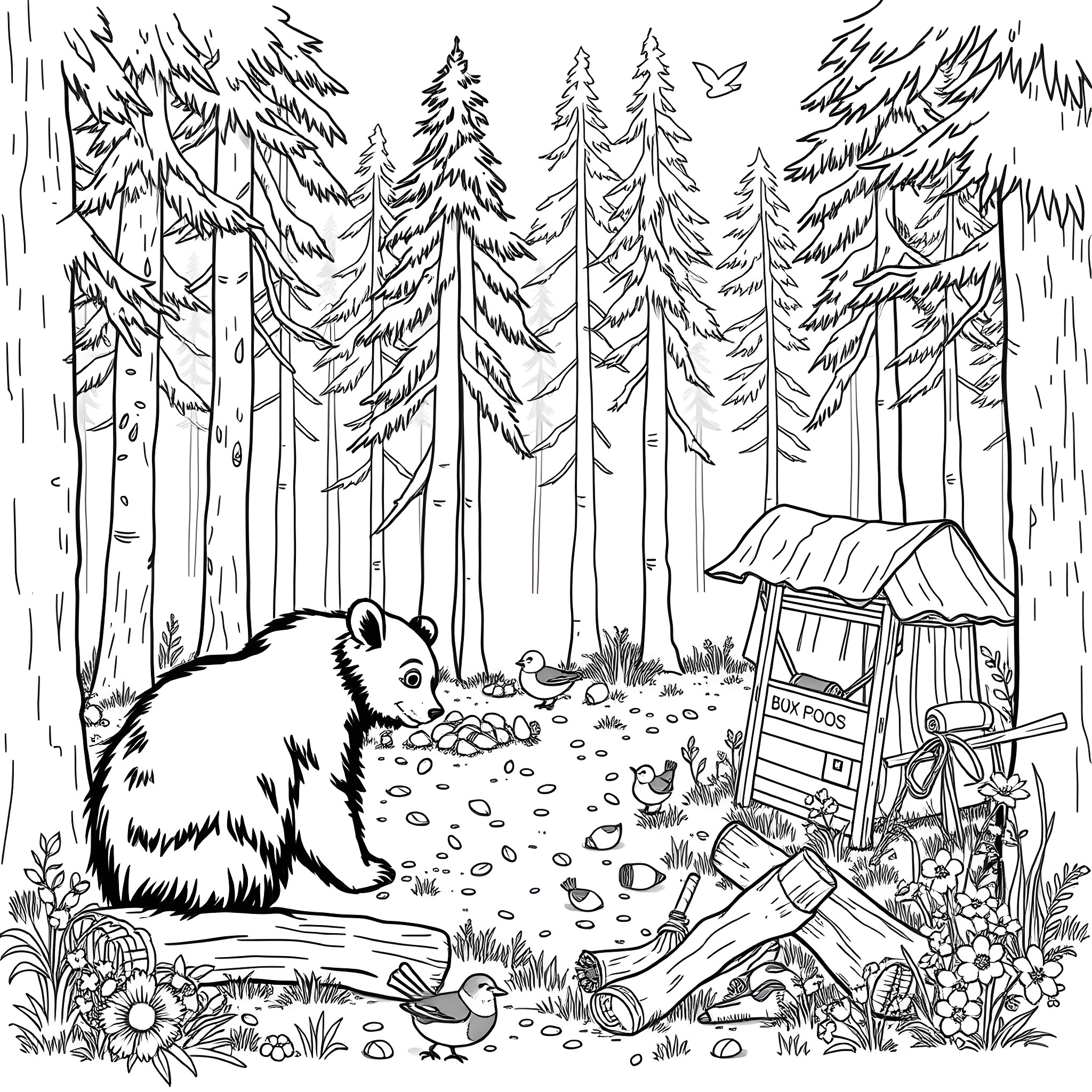 Blackbear Resting in a Peaceful Forest Clearing Coloring Page (free black-and-white line drawing printable PDF for all, from beginners to advanced learners, including children, teens, adults, and seniors)