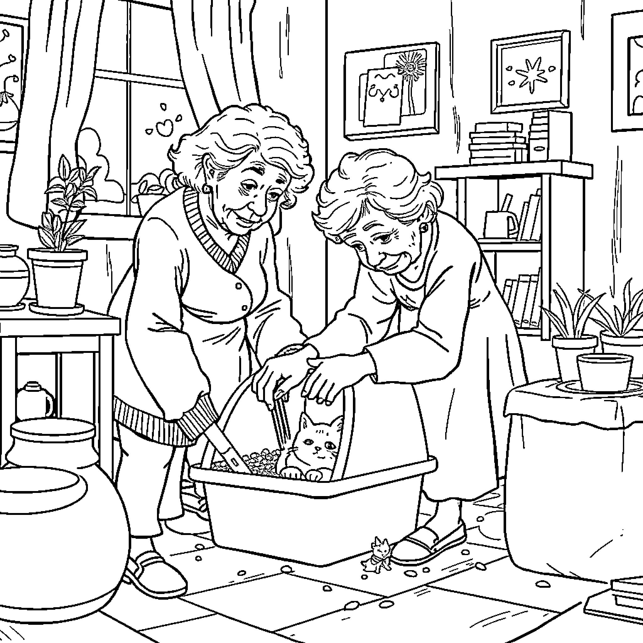 Lady Caregivers Tending to a Feline in Cozy Home Coloring Page (free black-and-white line drawing printable PDF for all, from beginners to advanced learners, including children, teens, adults, and seniors)