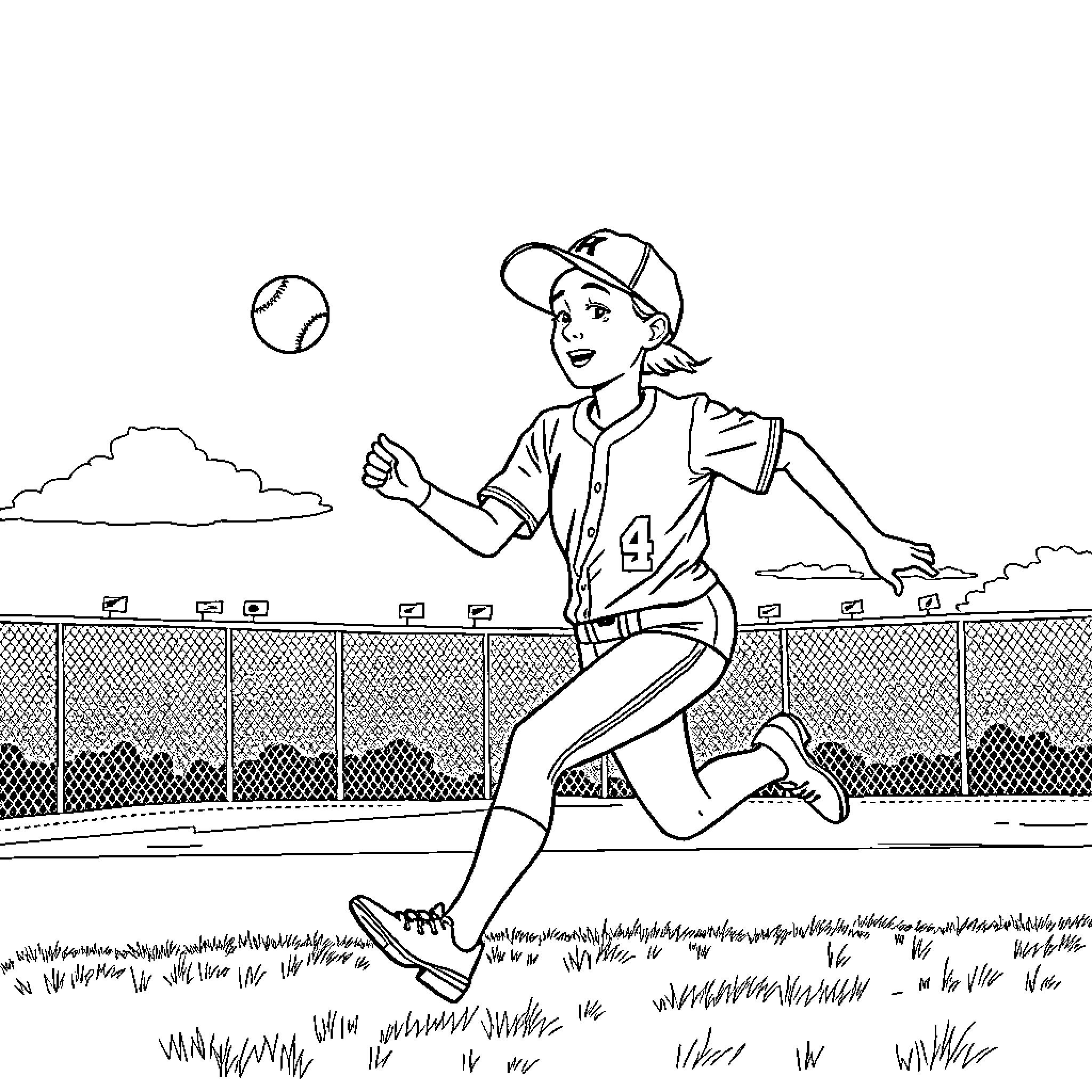 Kerry running happily in a baseball game Coloring Page (free black-and-white line drawing printable PDF for all, from beginners to advanced learners, including children, teens, adults, and seniors)