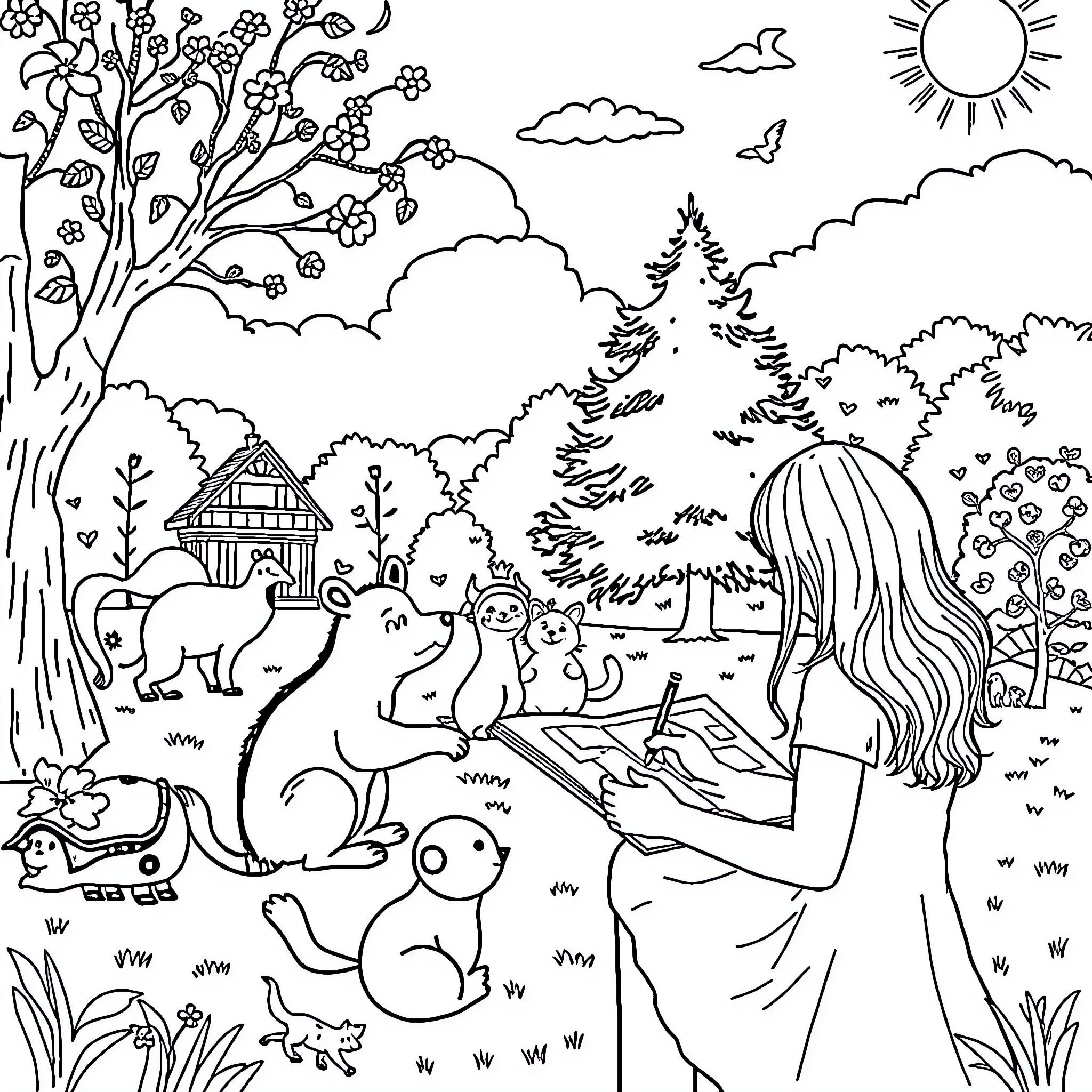 Animal friends enjoying nature in the forest Coloring Page (free black-and-white line drawing printable PDF for all, from beginners to advanced learners, including children, teens, adults, and seniors)