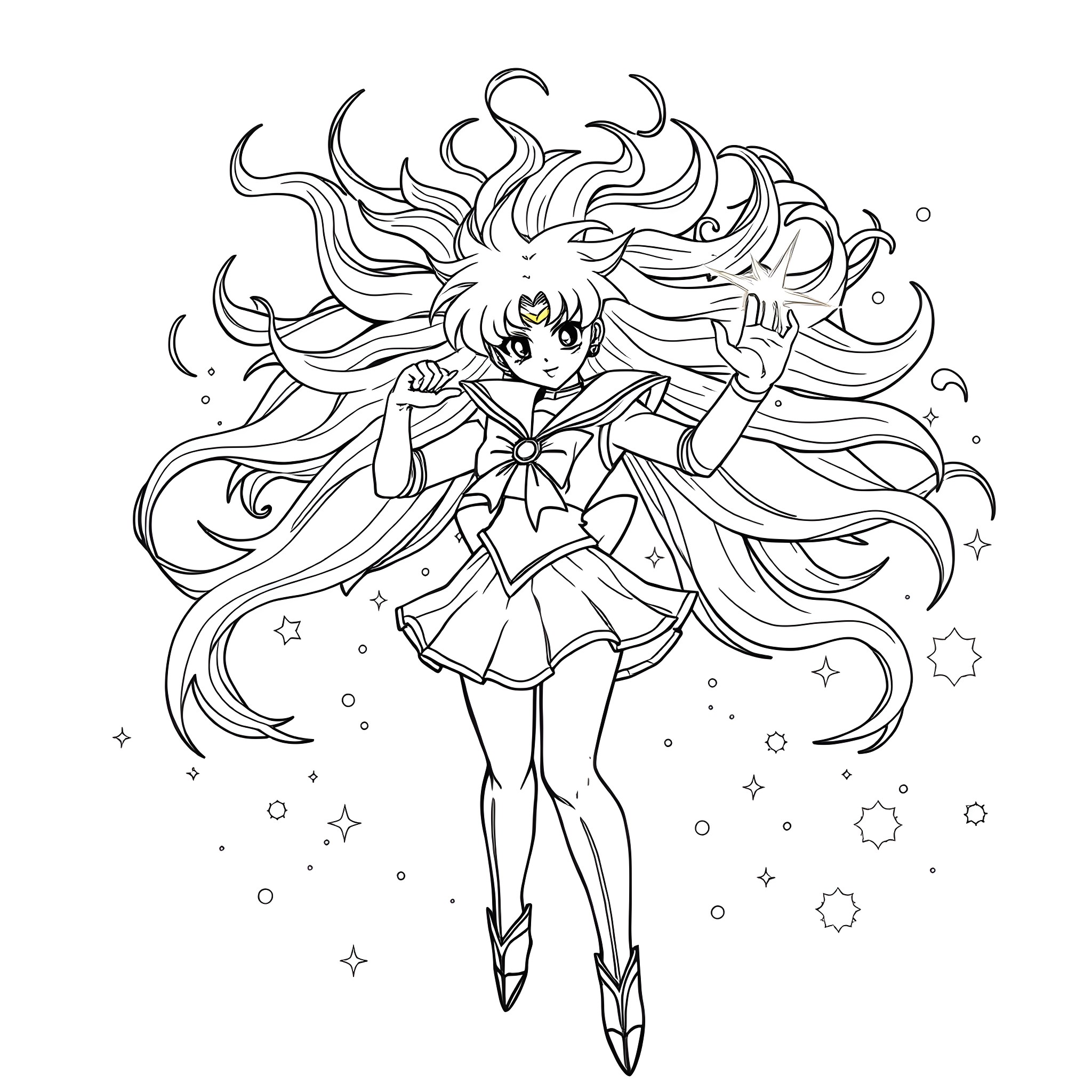 Sailor Moon in Magical Girl Transformation Coloring Page (free black-and-white line drawing printable PDF for all, from beginners to advanced learners, including children, teens, adults, and seniors)