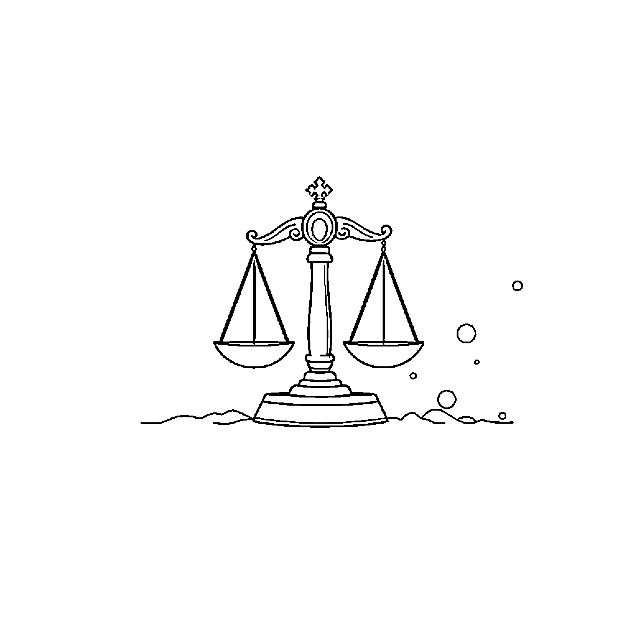 Law of Conservation of Matter: Scales of Justice Coloring Page (free black-and-white line drawing printable PDF for all, from beginners to advanced learners, including children, teens, adults, and seniors)