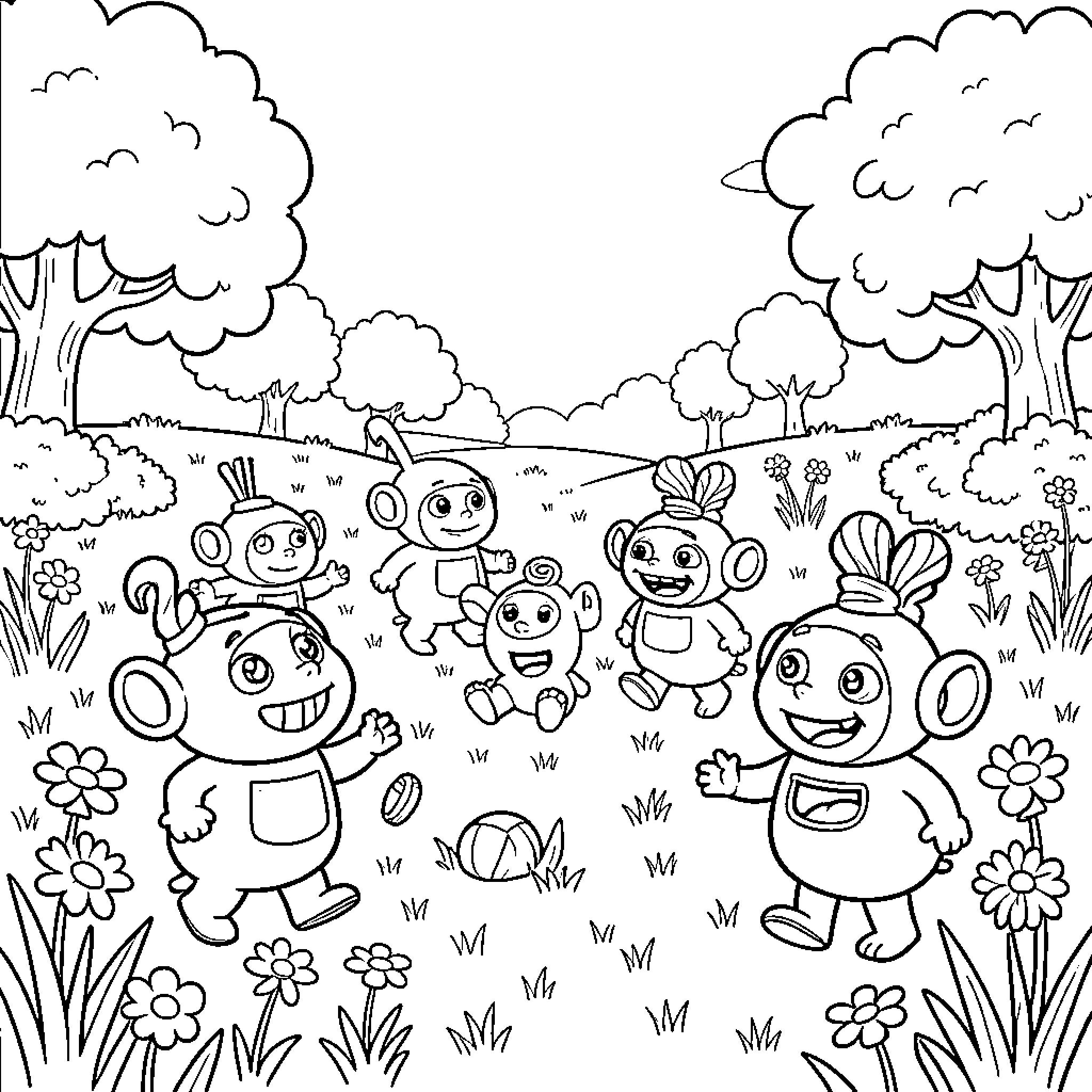 Teletubbies playing happily in a colorful garden Coloring Page (free black-and-white line drawing printable PDF for all, from beginners to advanced learners, including children, teens, adults, and seniors)
