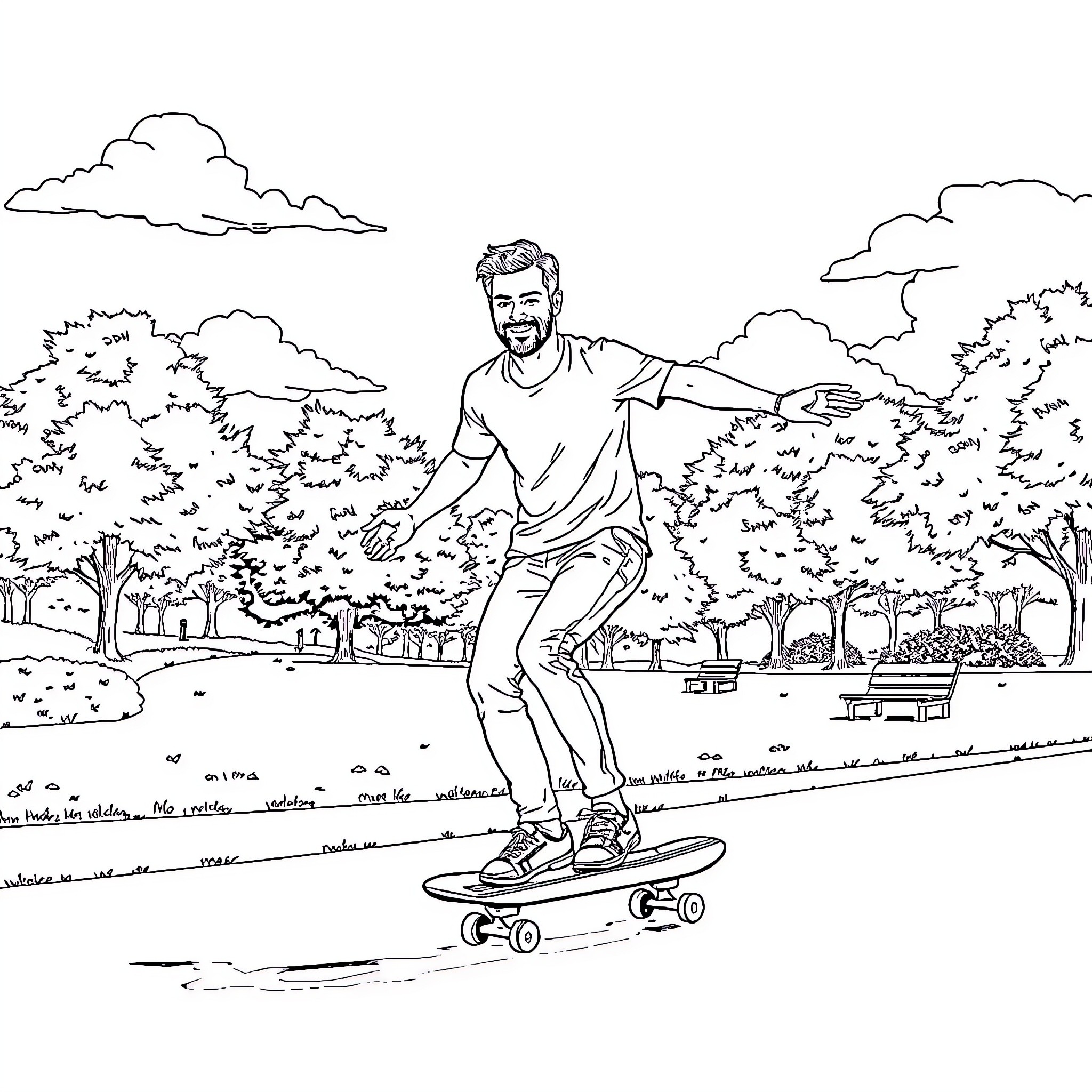 Henry Cavill enjoying a leisurely skateboard ride through the park Coloring Page (free black-and-white line drawing printable PDF for all, from beginners to advanced learners, including children, teens, adults, and seniors)