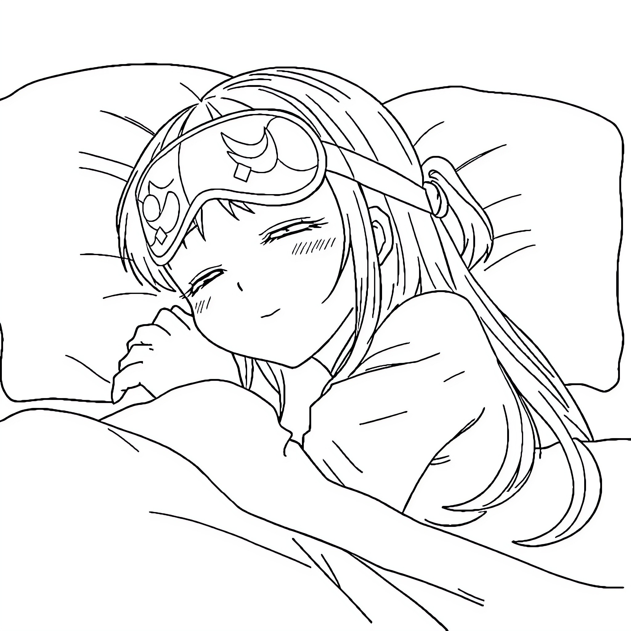 Anime Girl resting peacefully in bed Coloring Page (free black-and-white line drawing printable PDF for all, from beginners to advanced learners, including children, teens, adults, and seniors)