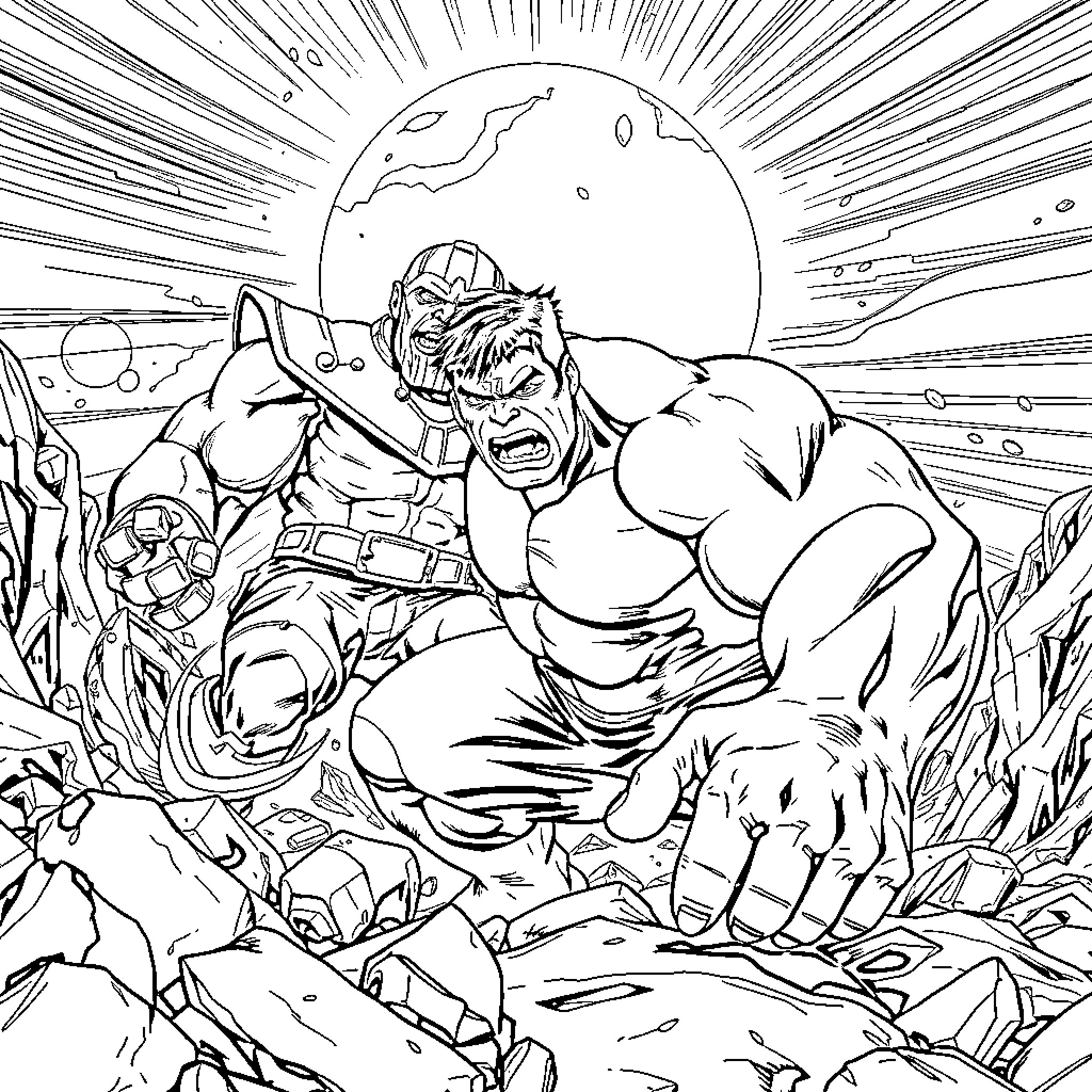 Hulk Unleashing Rage in Destructive Rampage Coloring Page (free black-and-white line drawing printable PDF for all, from beginners to advanced learners, including children, teens, adults, and seniors)