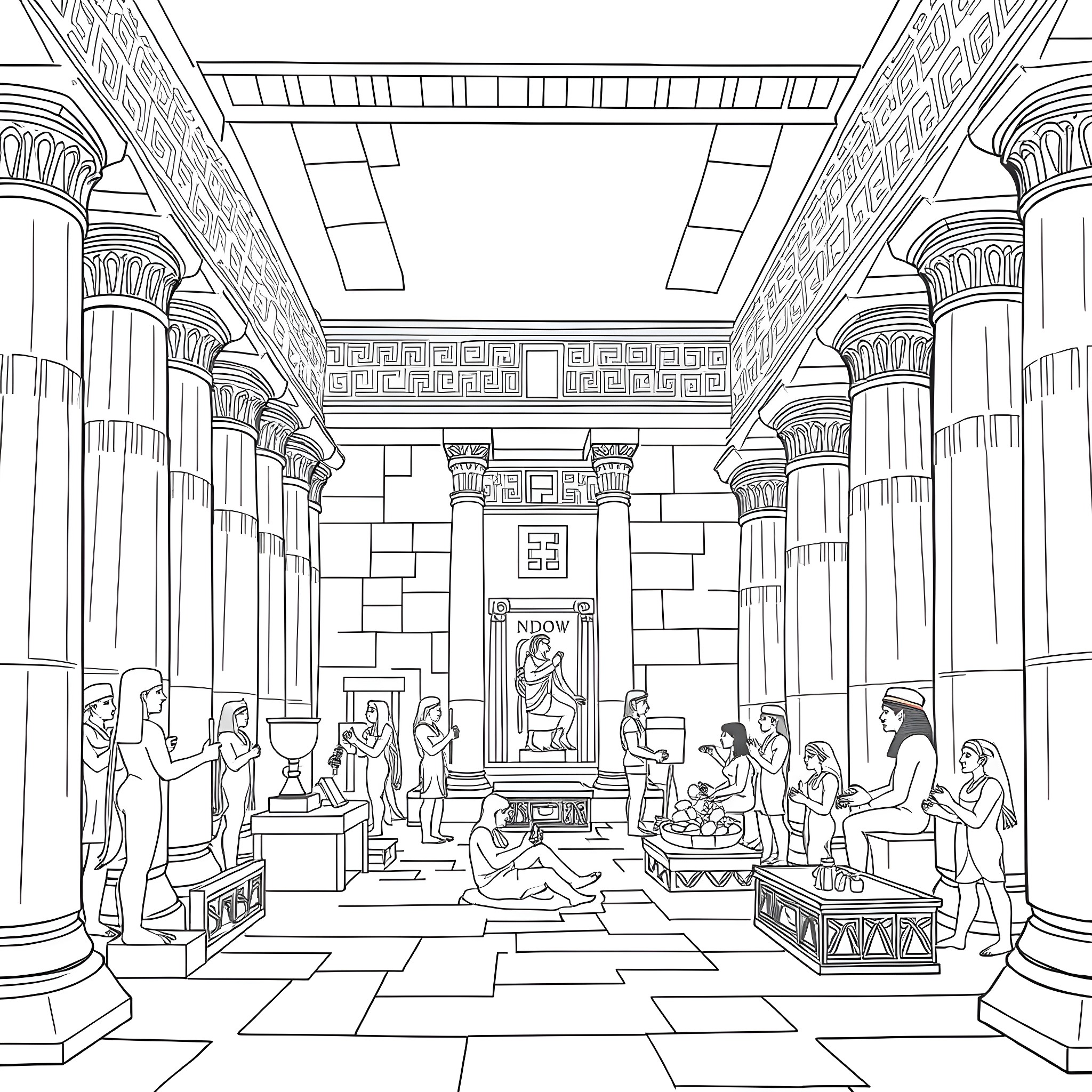 Temple with Ancient Egyptian Figures and Architecture Coloring Page (free black-and-white line drawing printable PDF for all, from beginners to advanced learners, including children, teens, adults, and seniors)