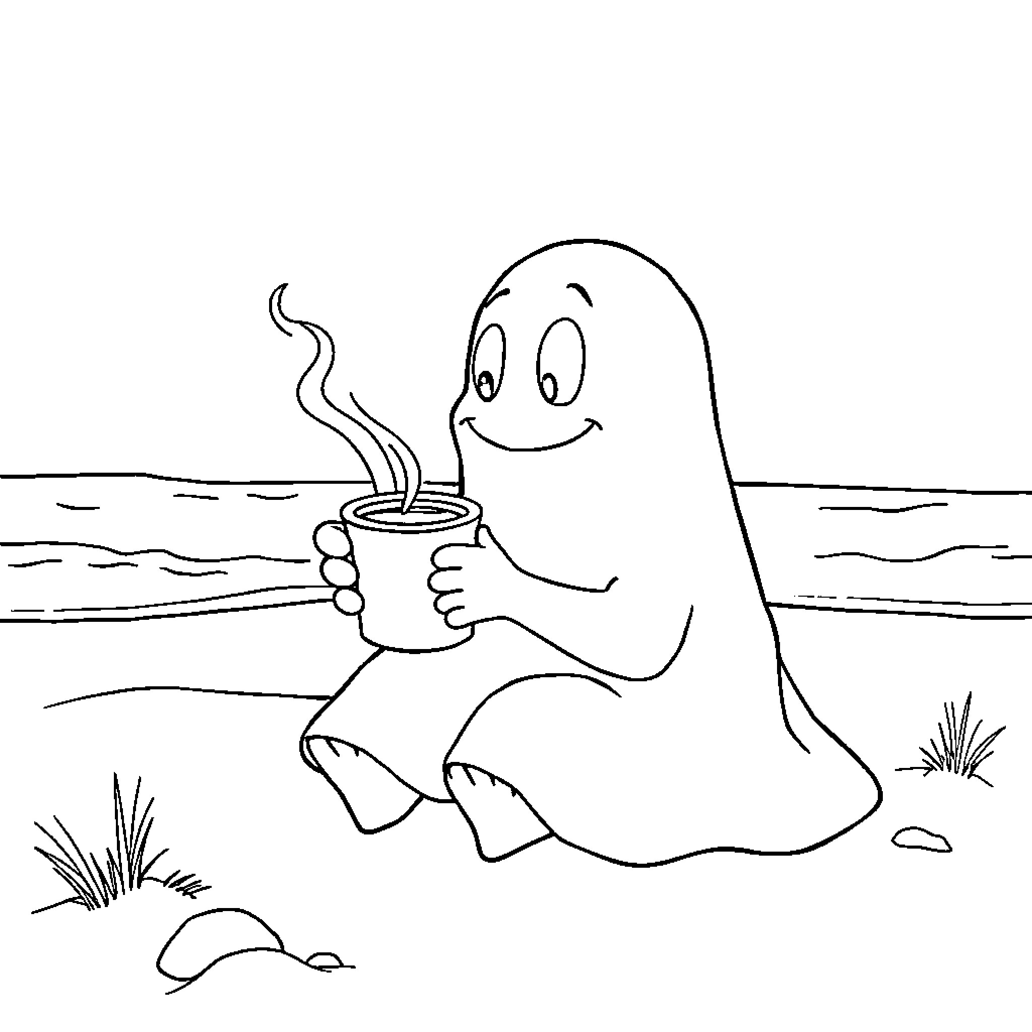Ghost enjoying a hot beverage in nature Coloring Page (free black-and-white line drawing printable PDF for all, from beginners to advanced learners, including children, teens, adults, and seniors)