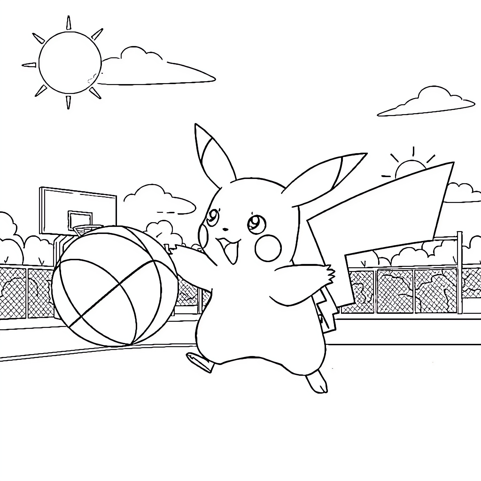 Pikachu playing with beach ball in outdoor scene Coloring Page (free black-and-white line drawing printable PDF for all, from beginners to advanced learners, including children, teens, adults, and seniors)