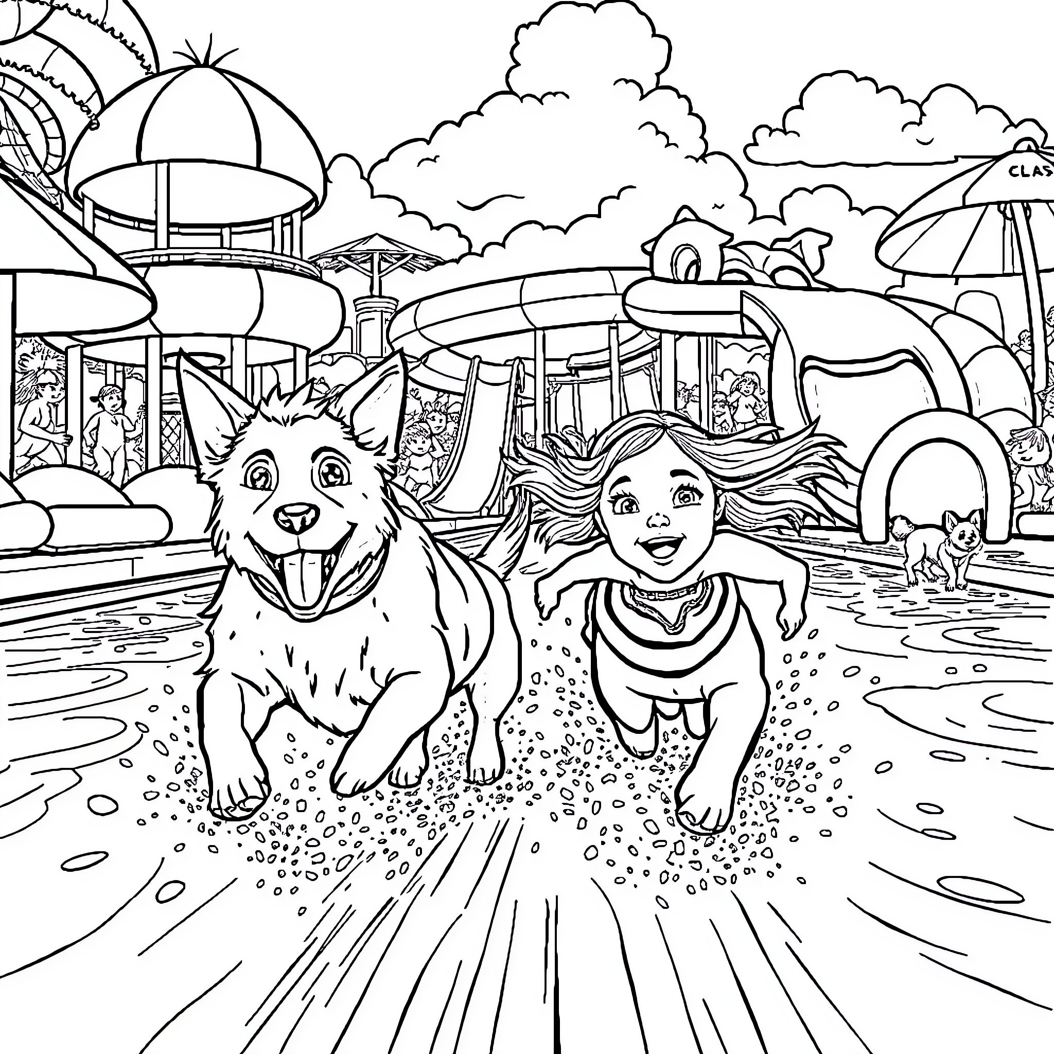 Dog and child playing happily at water park Coloring Page (free black-and-white line drawing printable PDF for all, from beginners to advanced learners, including children, teens, adults, and seniors)