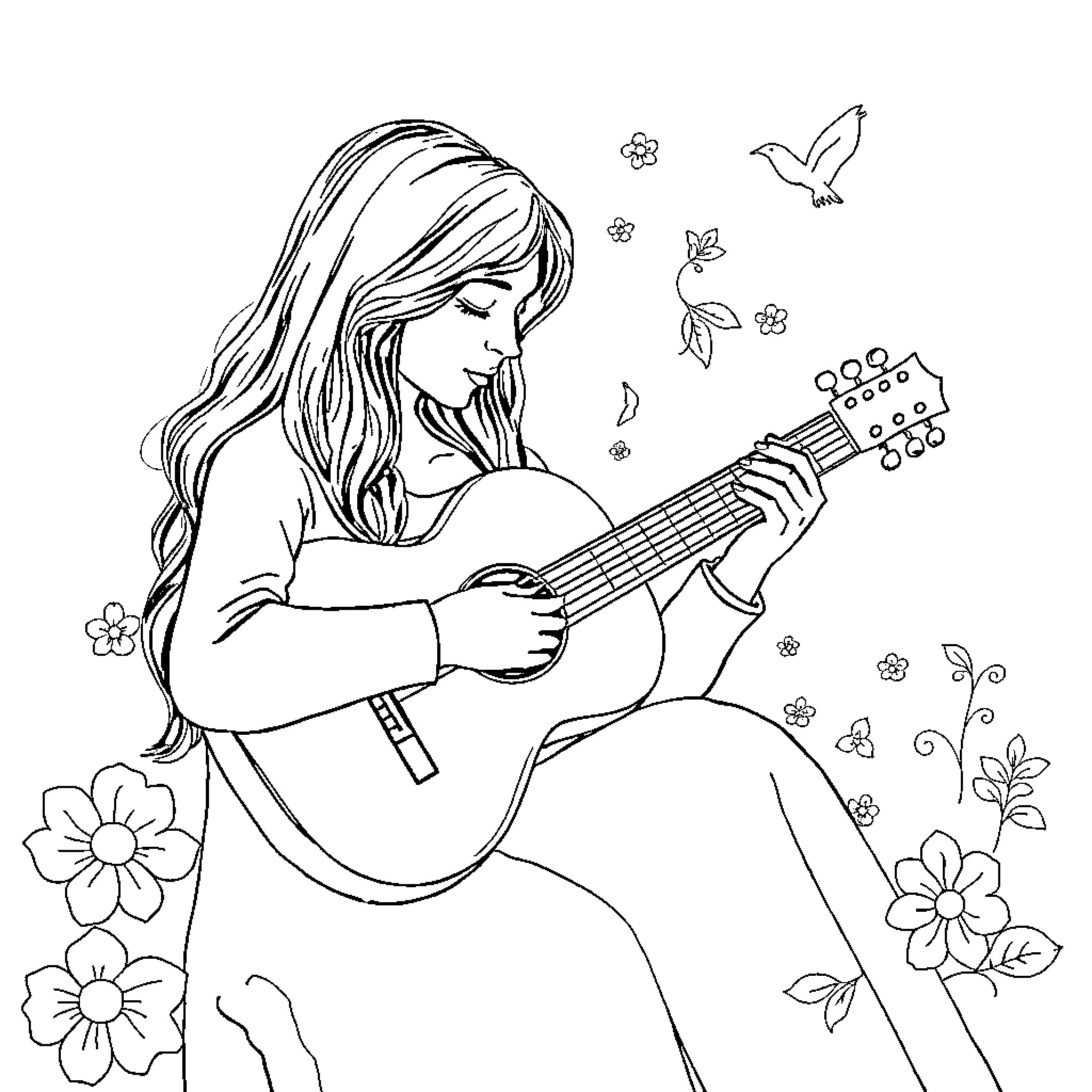 Music of Nature: Girl Playing Guitar Amidst Flowers Coloring Page (free black-and-white line drawing printable PDF for all, from beginners to advanced learners, including children, teens, adults, and seniors)