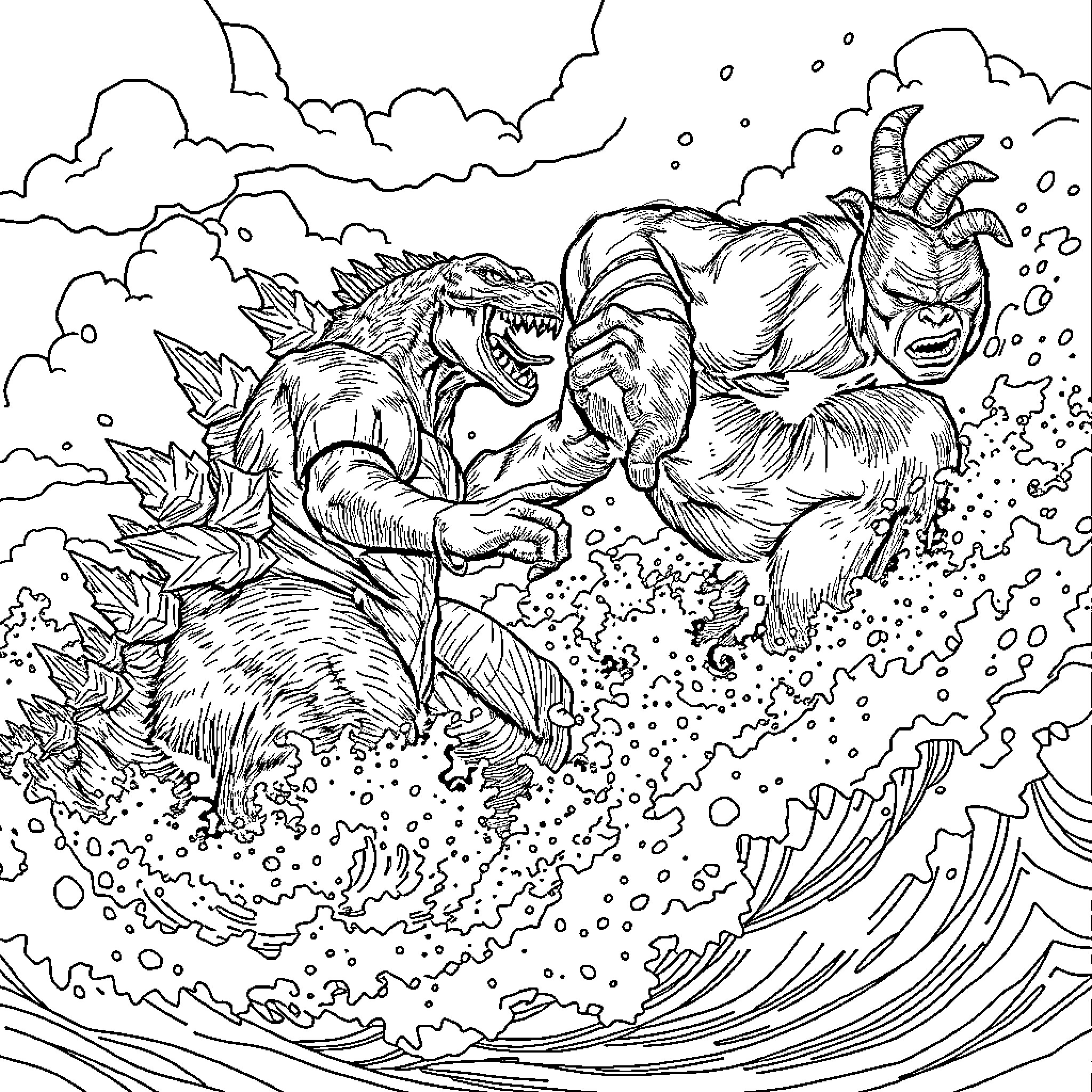 Godzilla's Fearsome Clash with Monster Rivals Coloring Page (free black-and-white line drawing printable PDF for all, from beginners to advanced learners, including children, teens, adults, and seniors)