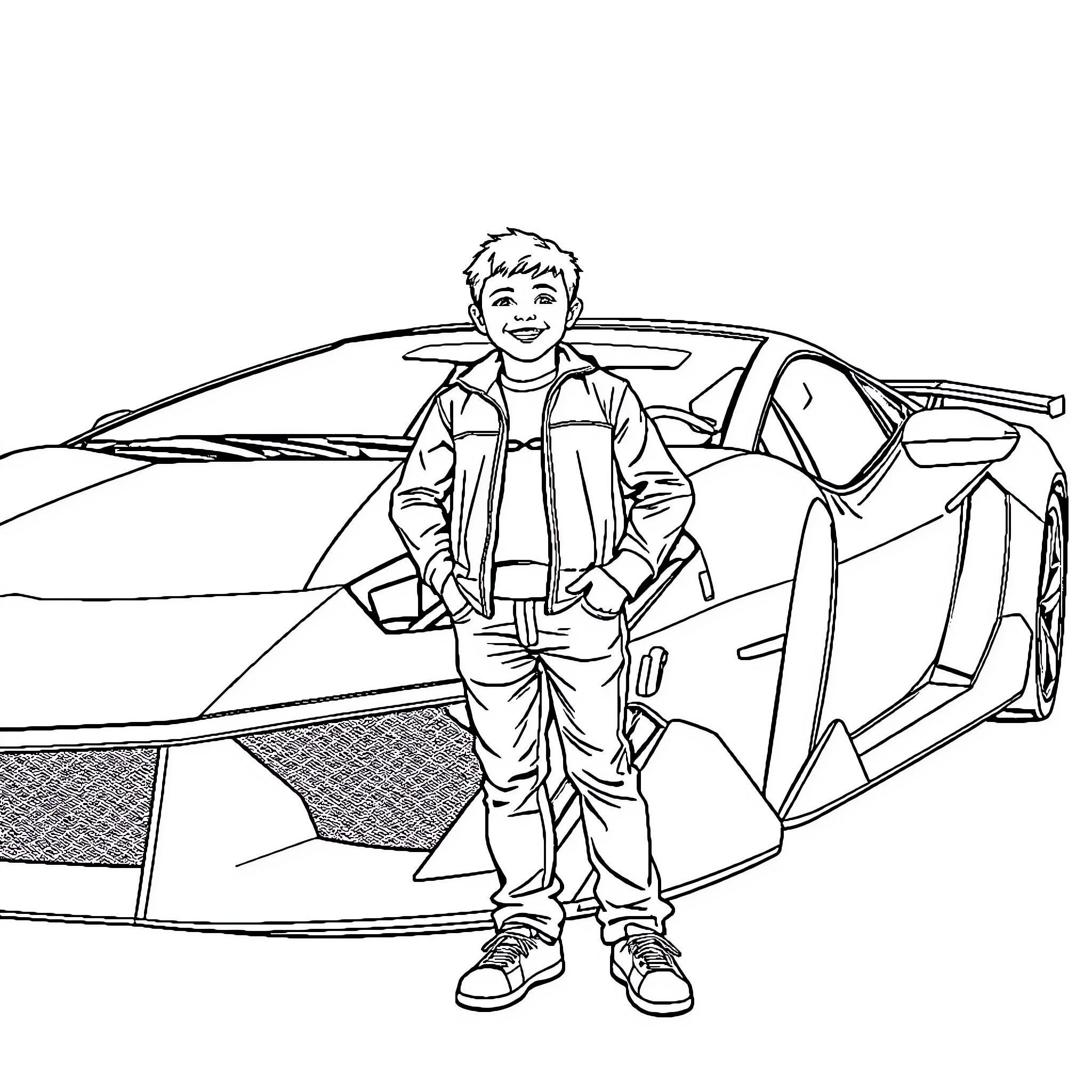 Lamborghini enthusiast posing in front of sports car Coloring Page (free black-and-white line drawing printable PDF for all, from beginners to advanced learners, including children, teens, adults, and seniors)