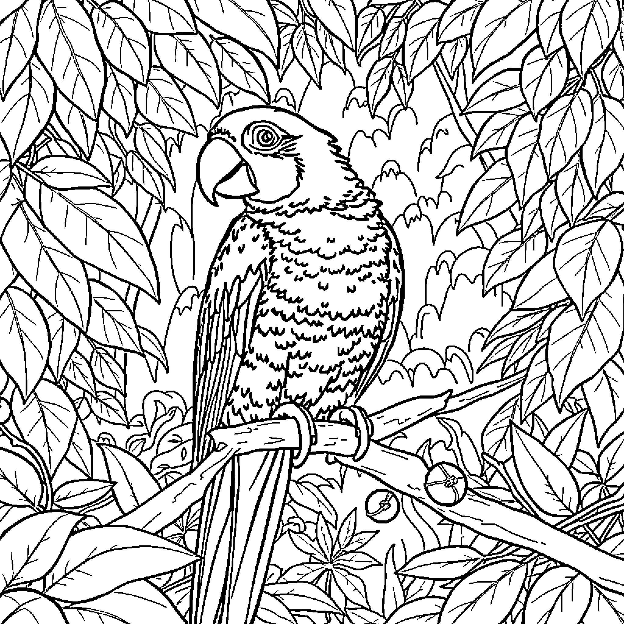 Parrot perched amidst lush foliage Coloring Page (free black-and-white line drawing printable PDF for all, from beginners to advanced learners, including children, teens, adults, and seniors)