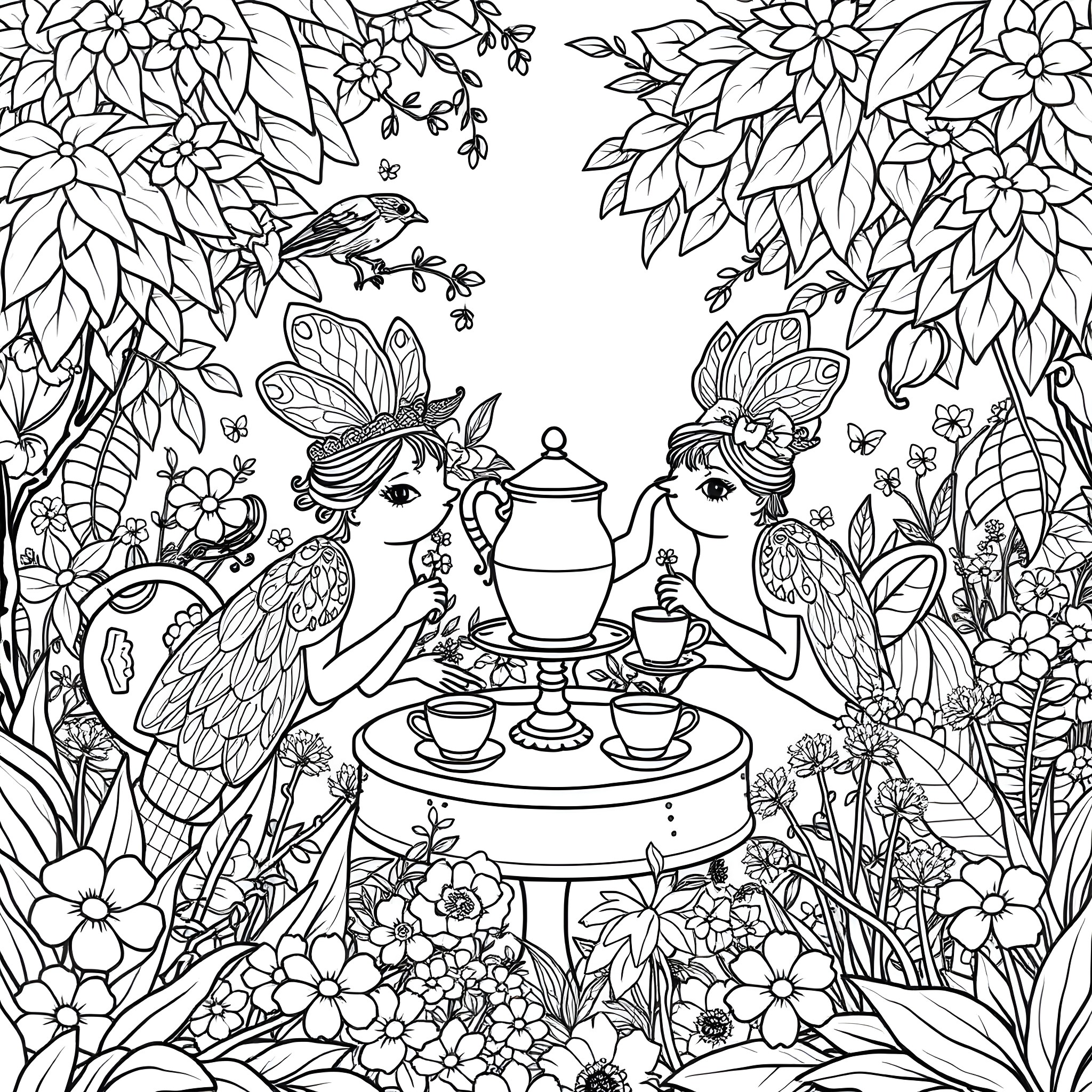 Heedive rs: Whimsical tea party in a floral wonderland Coloring Page (free black-and-white line drawing printable PDF for all, from beginners to advanced learners, including children, teens, adults, and seniors)