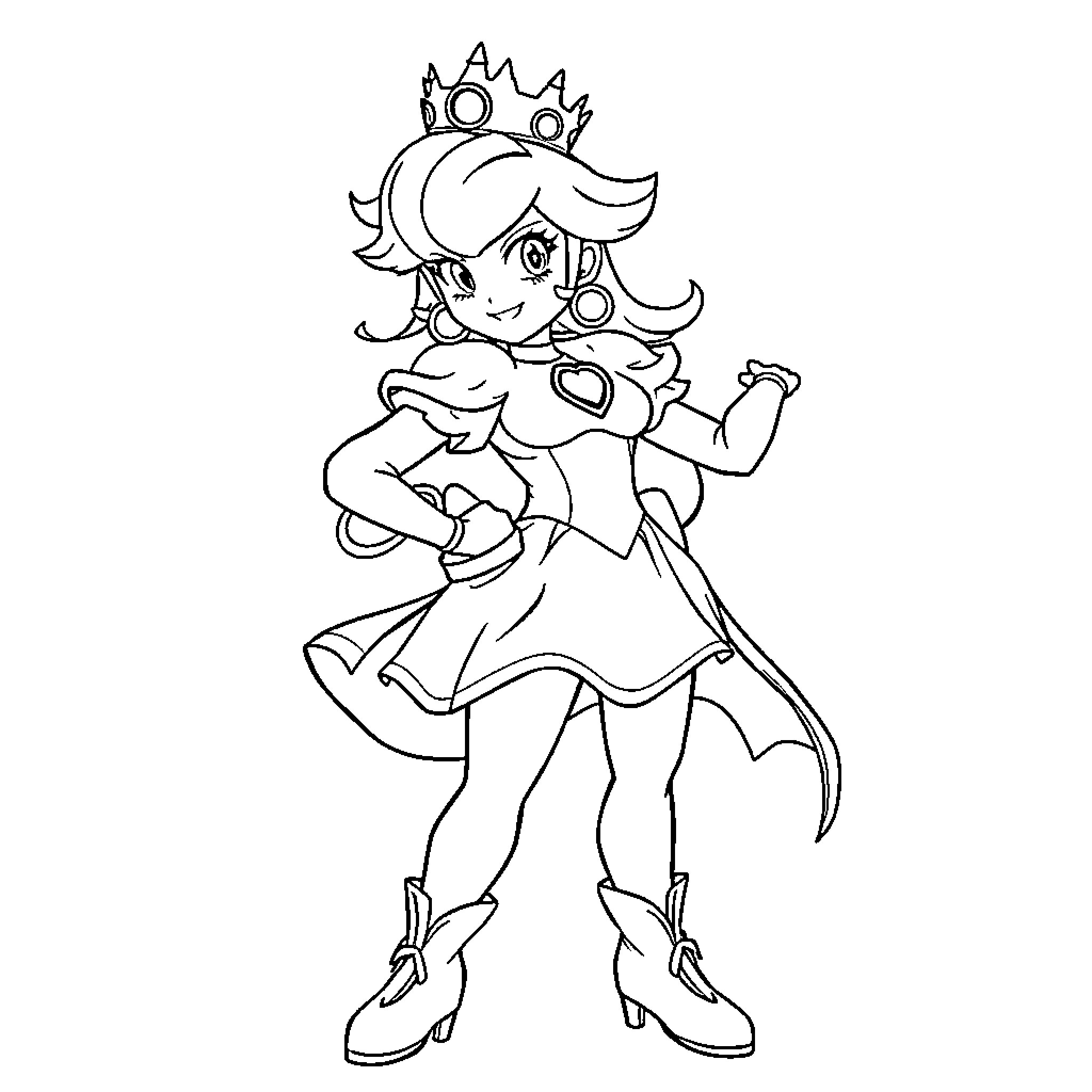 Princess in Adventurous Pose Coloring Page (free black-and-white line drawing printable PDF for all, from beginners to advanced learners, including children, teens, adults, and seniors)