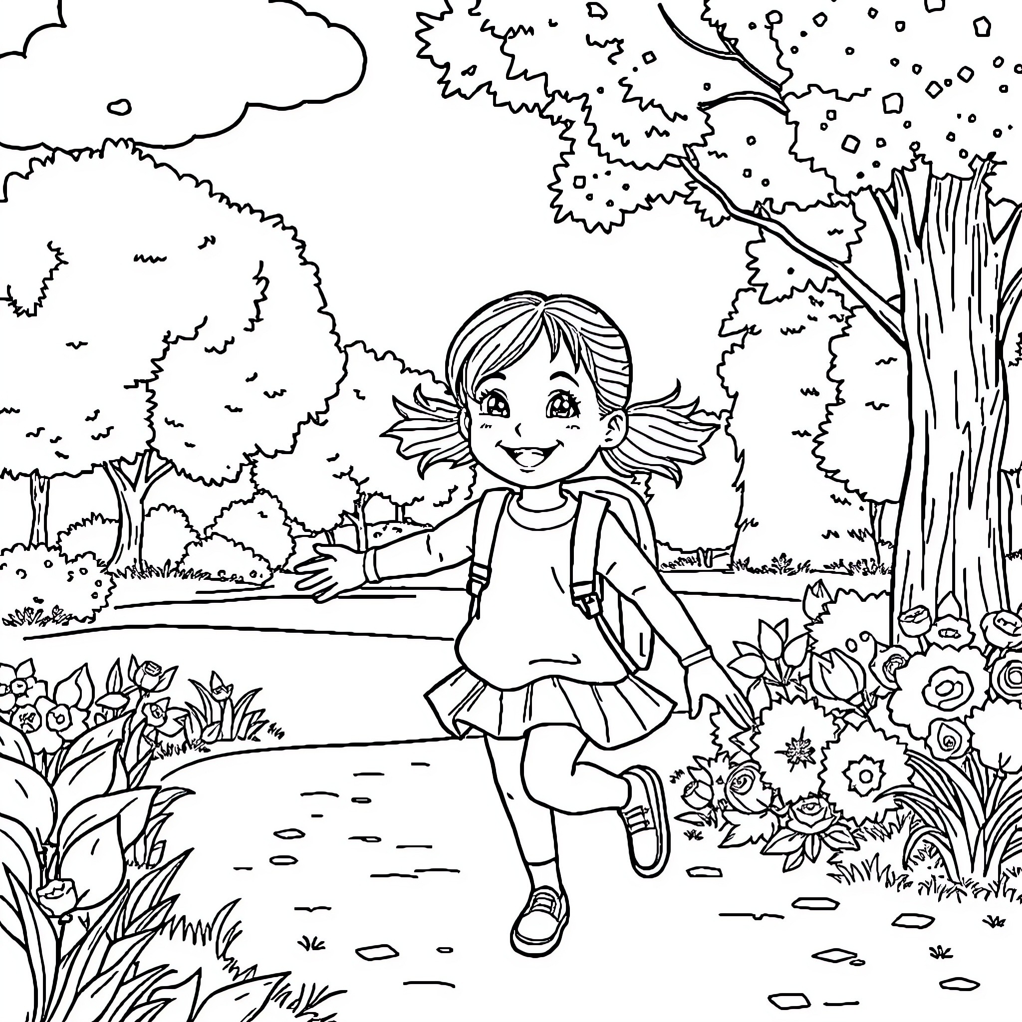 Girl joyfully exploring a lush, natural landscape Coloring Page (free black-and-white line drawing printable PDF for all, from beginners to advanced learners, including children, teens, adults, and seniors)