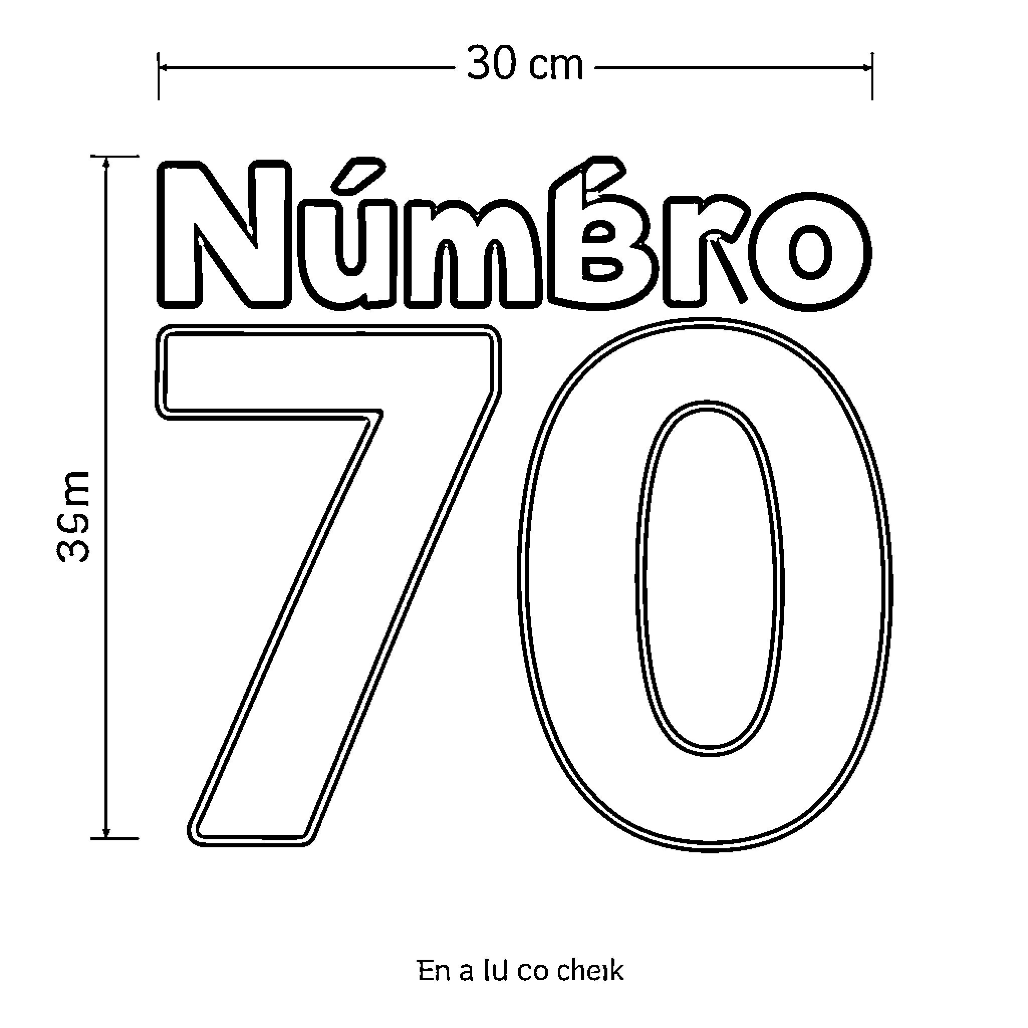 Number seventy displayed with measurement annotations Coloring Page (free black-and-white line drawing printable PDF for all, from beginners to advanced learners, including children, teens, adults, and seniors)
