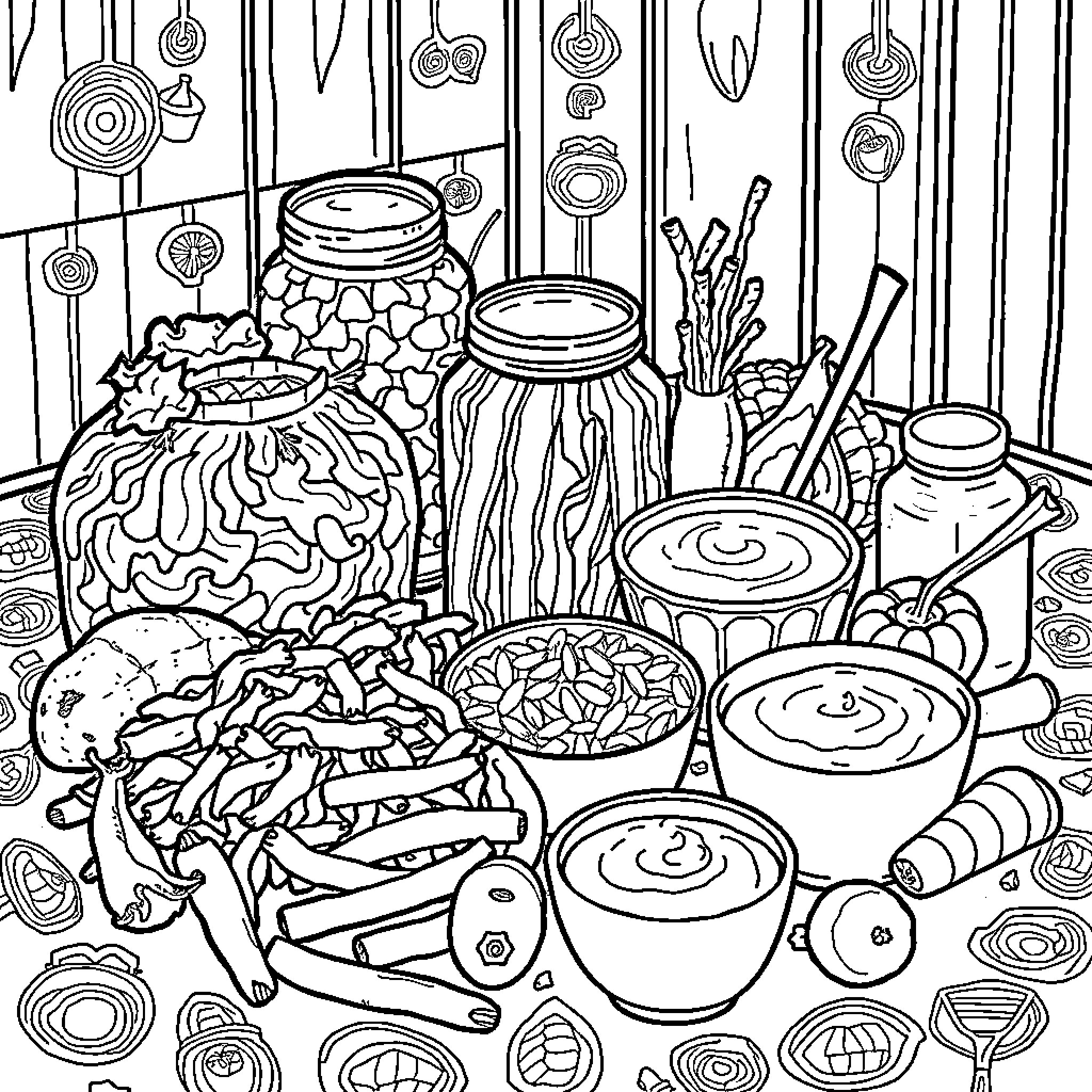 Fermented Food Items and Cooking Utensils Coloring Page (free black-and-white line drawing printable PDF for all, from beginners to advanced learners, including children, teens, adults, and seniors)