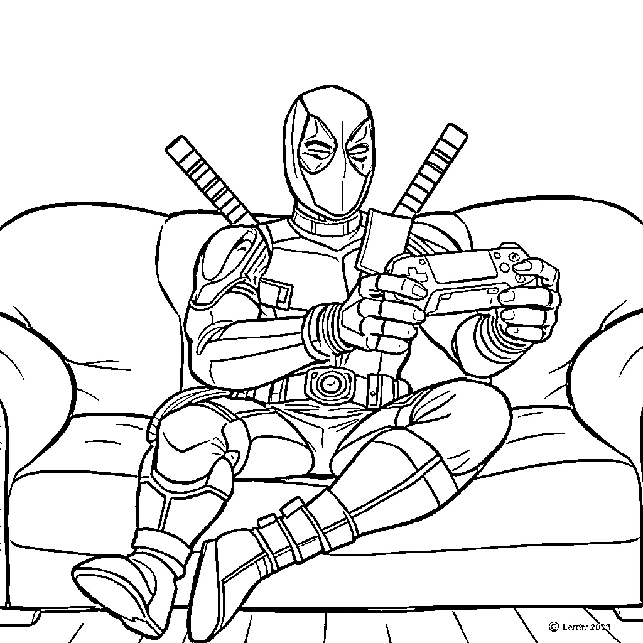 Deadpool taking a break and relaxing Coloring Page (free black-and-white line drawing printable PDF for all, from beginners to advanced learners, including children, teens, adults, and seniors)