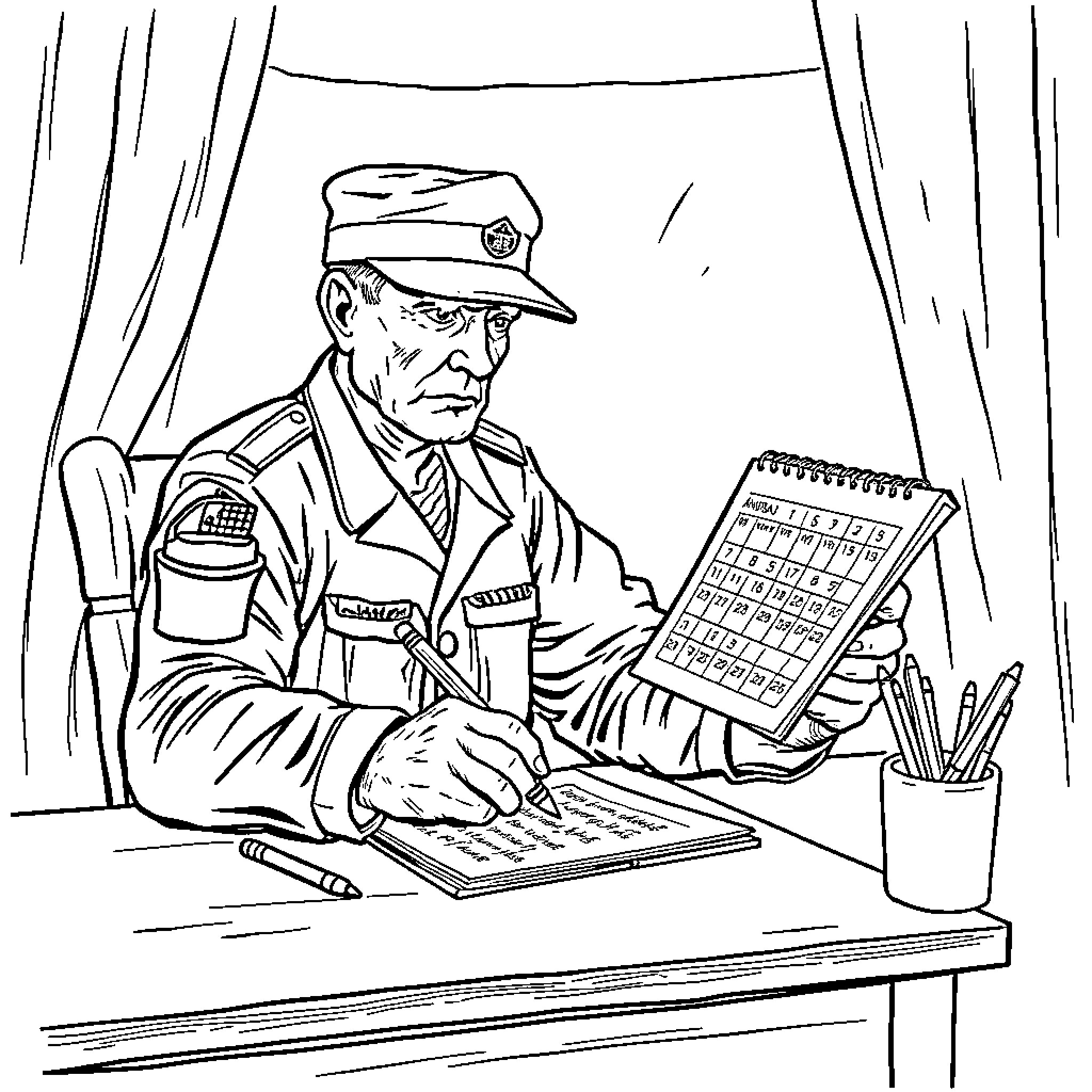 Soldier working diligently at desk with paperwork Coloring Page (free black-and-white line drawing printable PDF for all, from beginners to advanced learners, including children, teens, adults, and seniors)