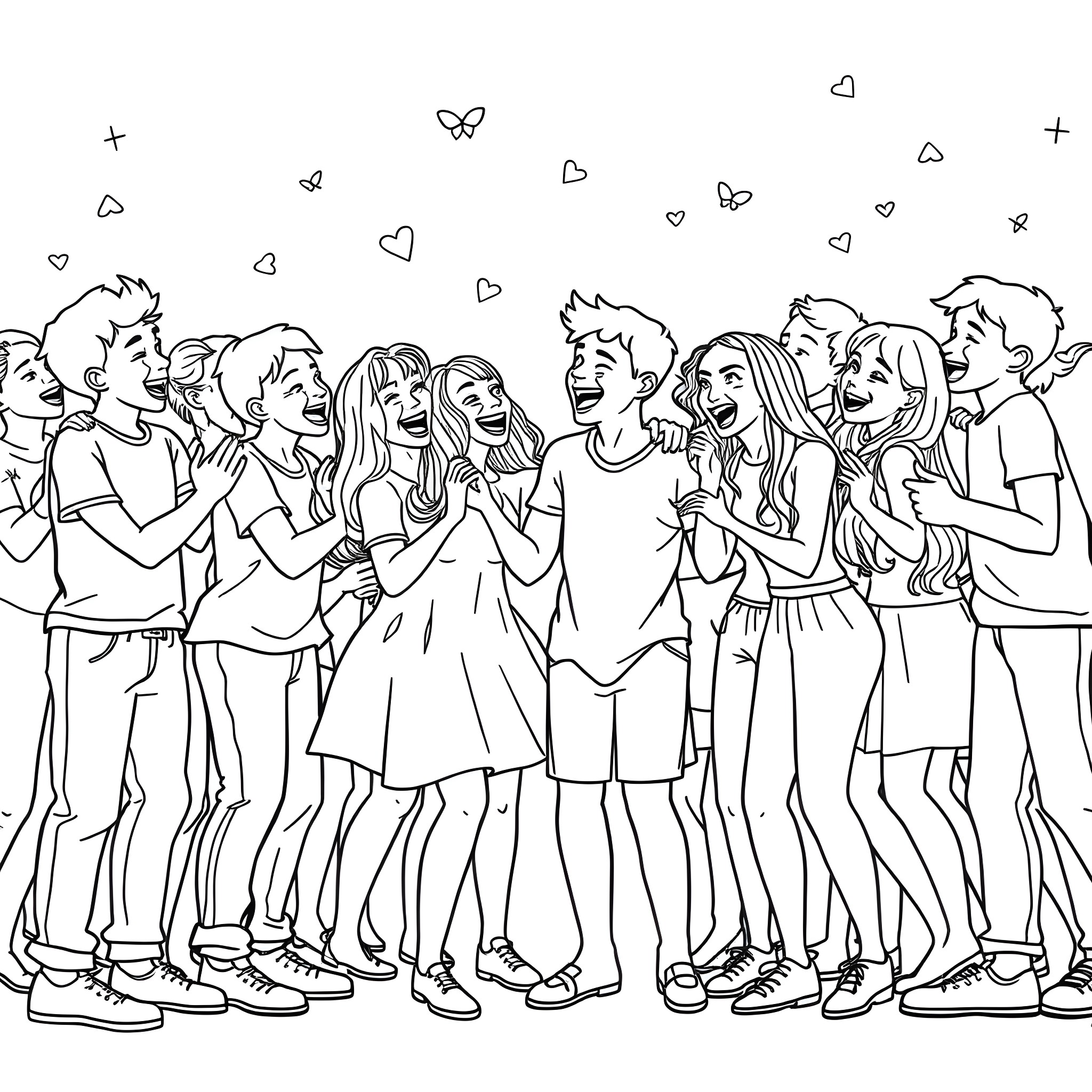 Girl celebrating with friends at a party Coloring Page (free black-and-white line drawing printable PDF for all, from beginners to advanced learners, including children, teens, adults, and seniors)