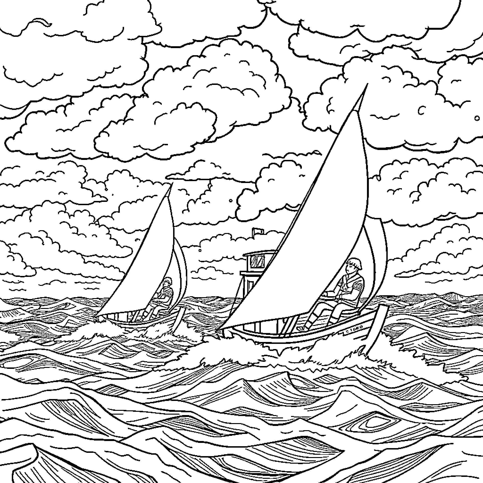 Seascout sailing ships on stormy waves Coloring Page (free black-and-white line drawing printable PDF for all, from beginners to advanced learners, including children, teens, adults, and seniors)
