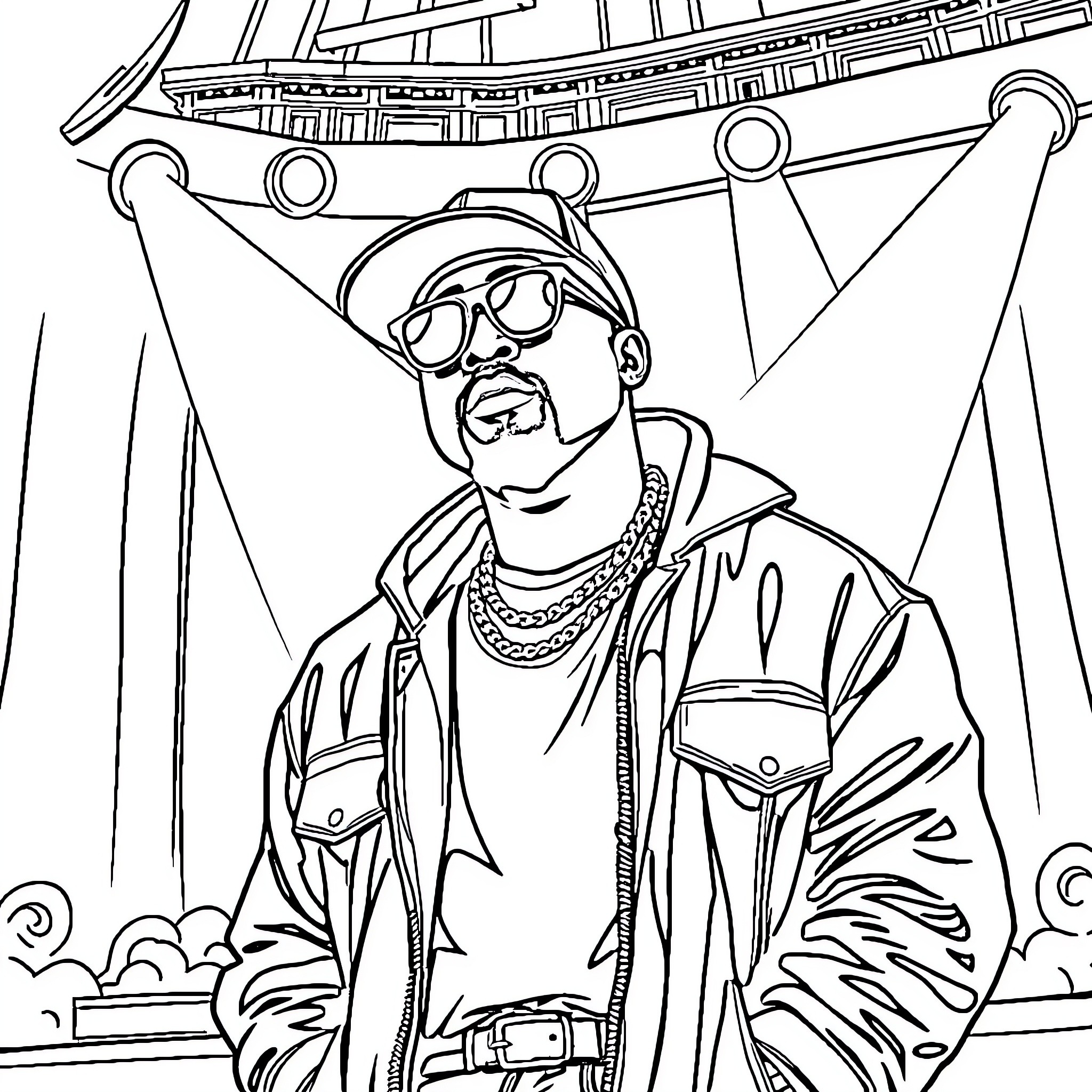 Kanye West's Theatrical Performance on Stage Coloring Page (free black-and-white line drawing printable PDF for all, from beginners to advanced learners, including children, teens, adults, and seniors)