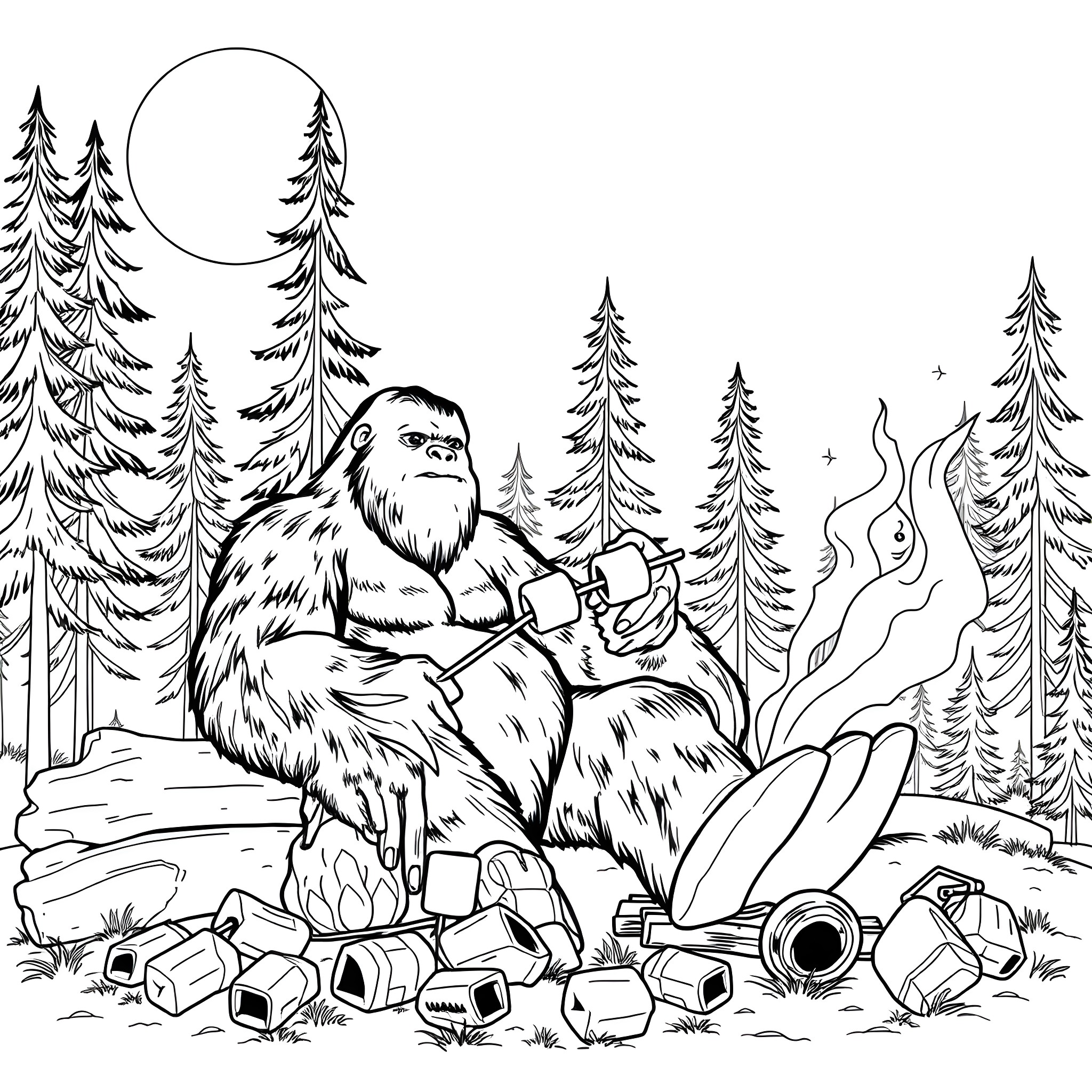 Bigfoot relaxing in the forest under the moonlight Coloring Page (free black-and-white line drawing printable PDF for all, from beginners to advanced learners, including children, teens, adults, and seniors)