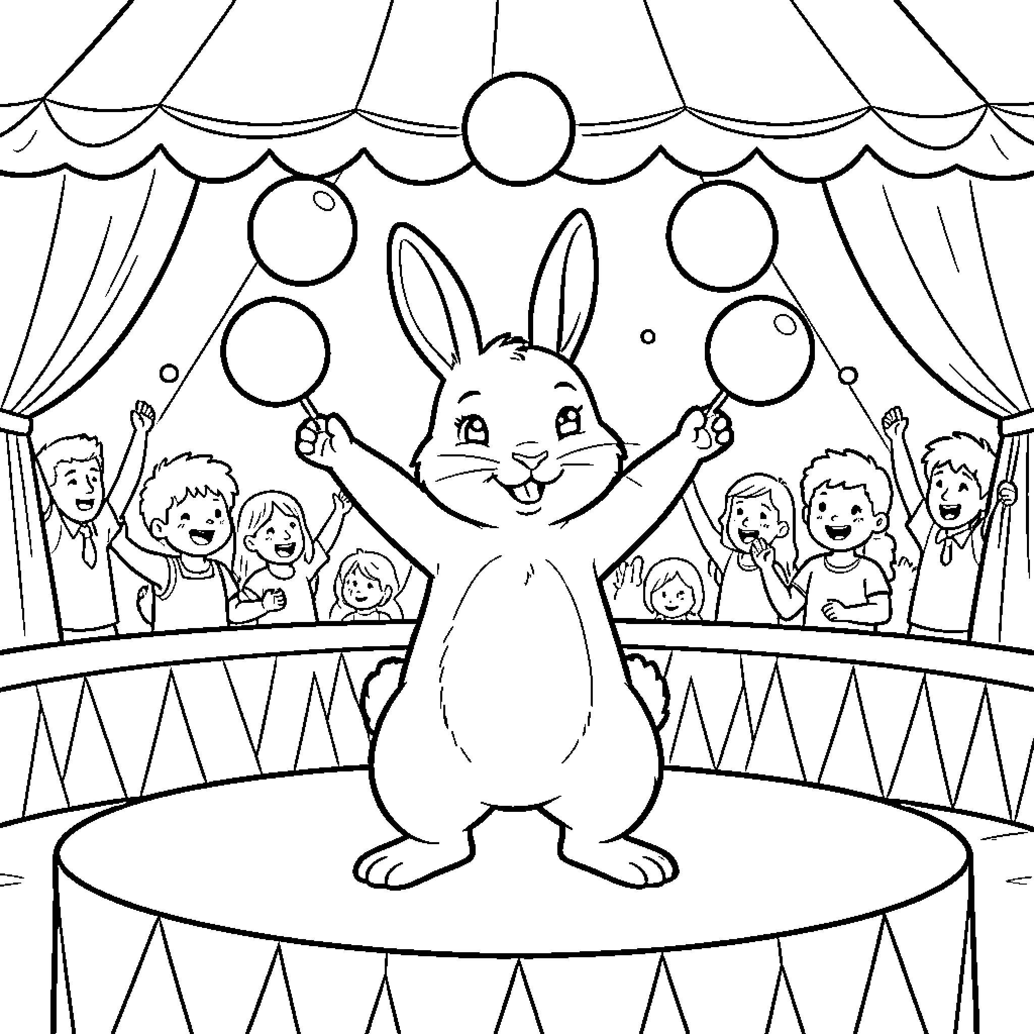 Rabbit Performing Magic Tricks for Cheering Audience Coloring Page (free black-and-white line drawing printable PDF for all, from beginners to advanced learners, including children, teens, adults, and seniors)