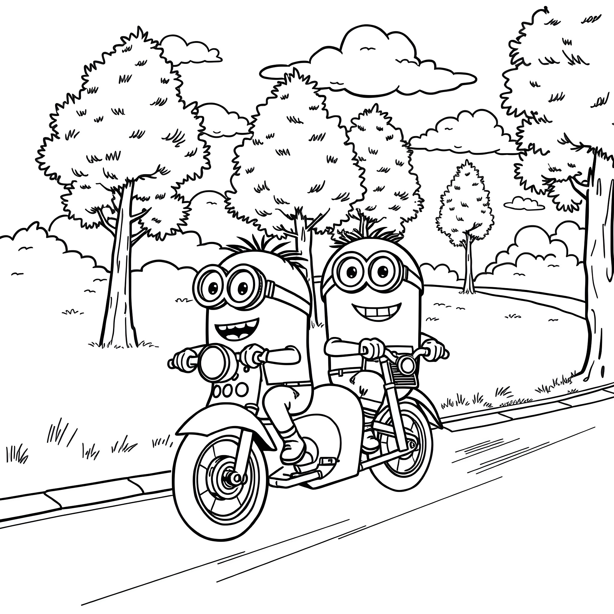 Minions riding a motorcycle in the forest Coloring Page (free black-and-white line drawing printable PDF for all, from beginners to advanced learners, including children, teens, adults, and seniors)