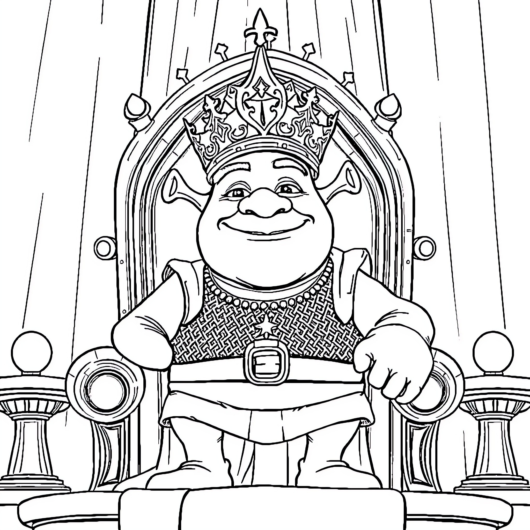 Shrek the Ogre King on a Majestic Throne Coloring Page (free black-and-white line drawing printable PDF for all, from beginners to advanced learners, including children, teens, adults, and seniors)