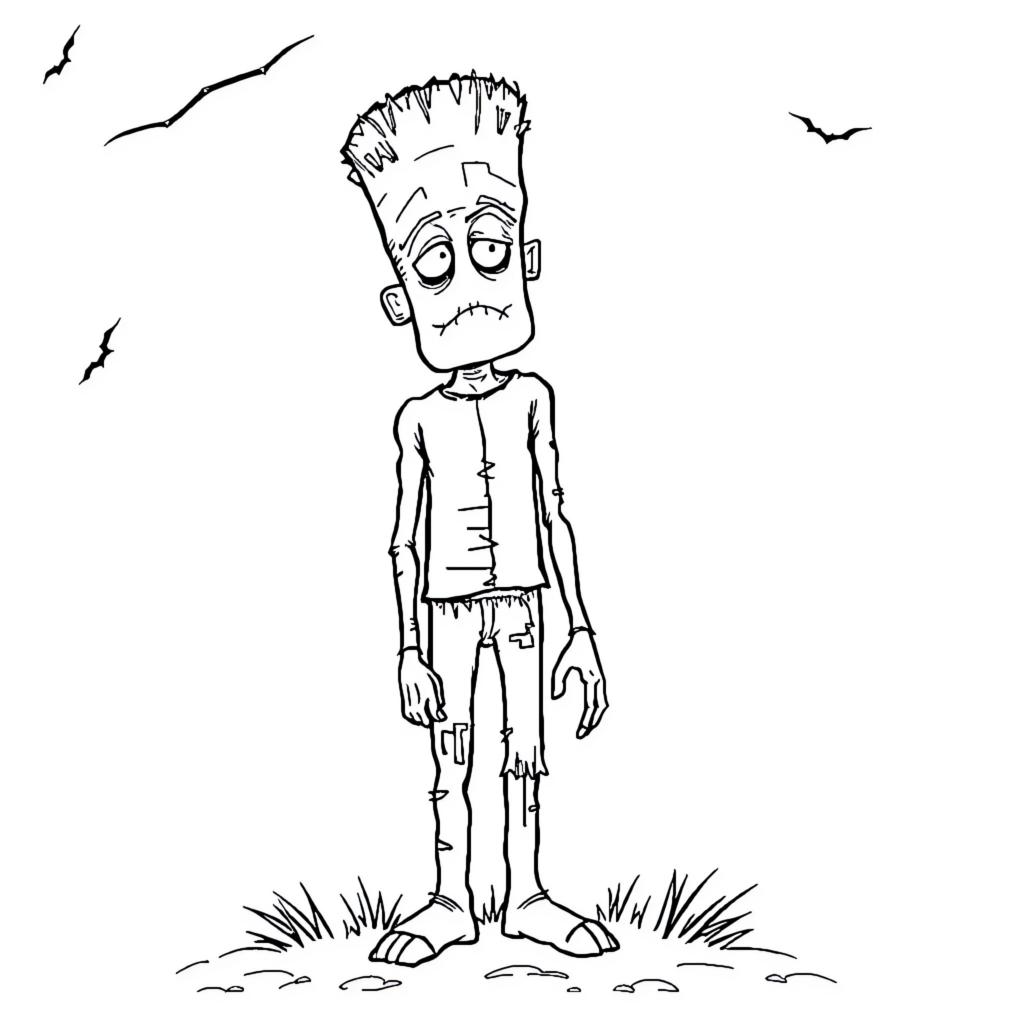 Frankenstein's Frightened Creature in the Dark Coloring Page (free black-and-white line drawing printable PDF for all, from beginners to advanced learners, including children, teens, adults, and seniors)