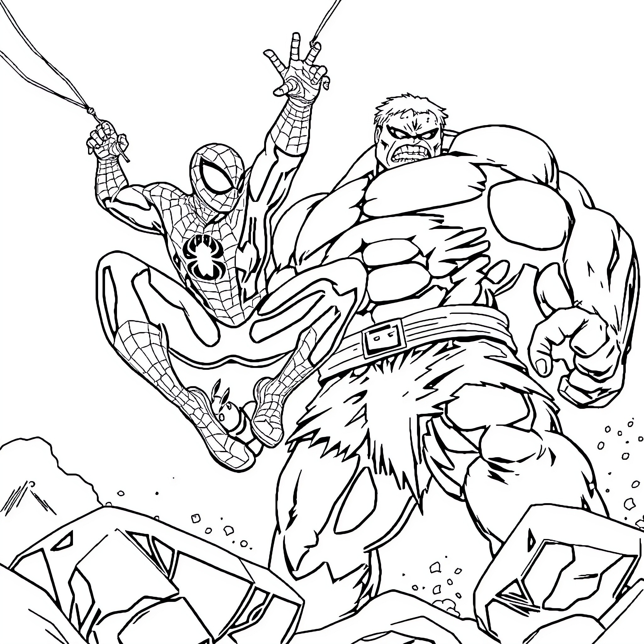 Spiderman in epic battle with a muscular villain Coloring Page (free black-and-white line drawing printable PDF for all, from beginners to advanced learners, including children, teens, adults, and seniors)