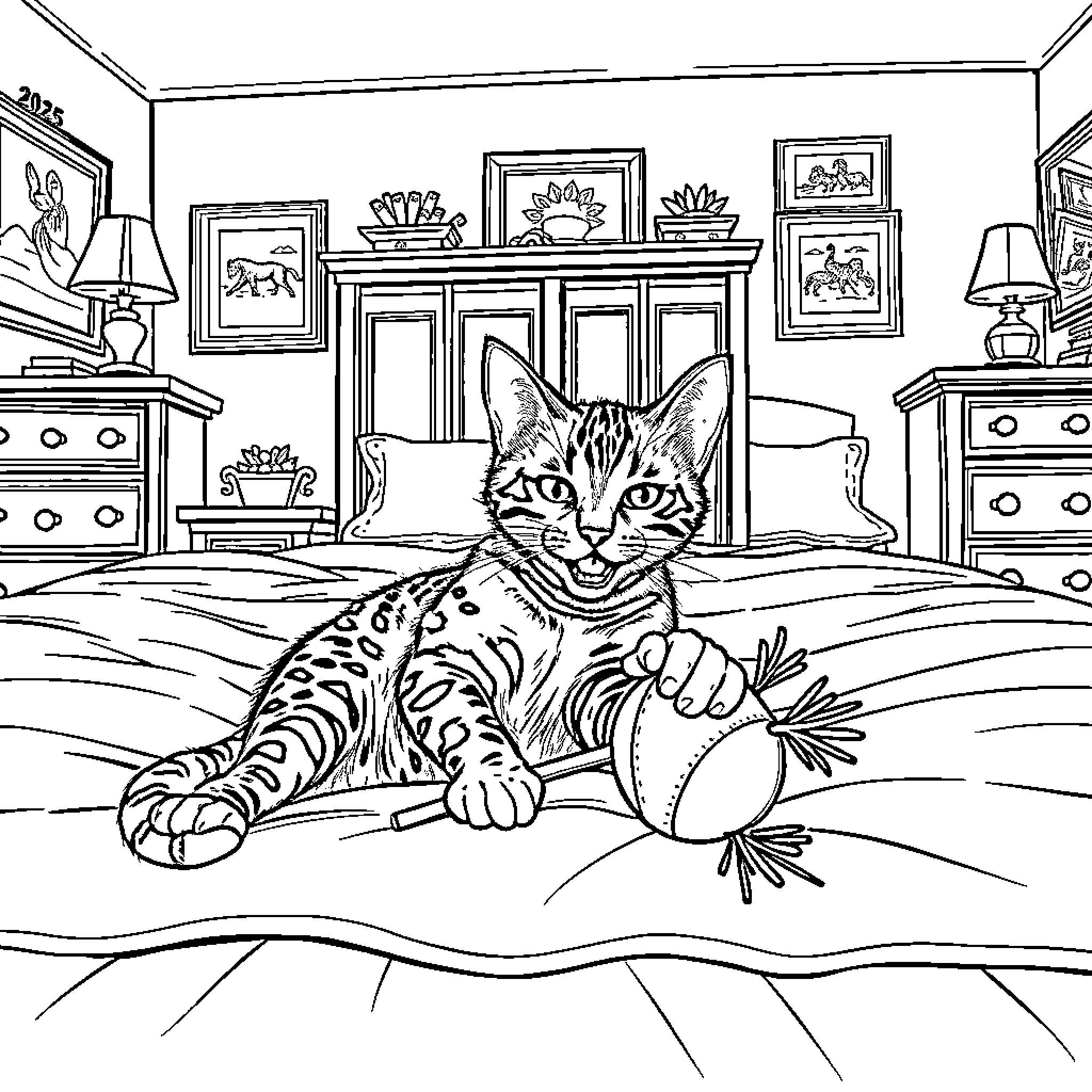 Savannah Cat lounging comfortably in cozy bedroom Coloring Page (free black-and-white line drawing printable PDF for all, from beginners to advanced learners, including children, teens, adults, and seniors)
