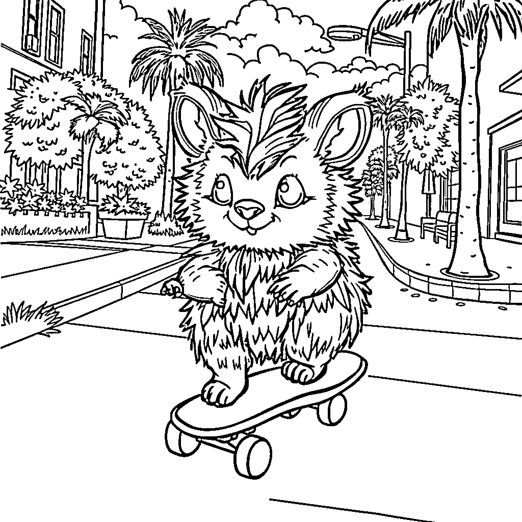 Labubu the Fluffy Skateboarding Creature in the Tropical Town Coloring Page (free black-and-white line drawing printable PDF for all, from beginners to advanced learners, including children, teens, adults, and seniors)