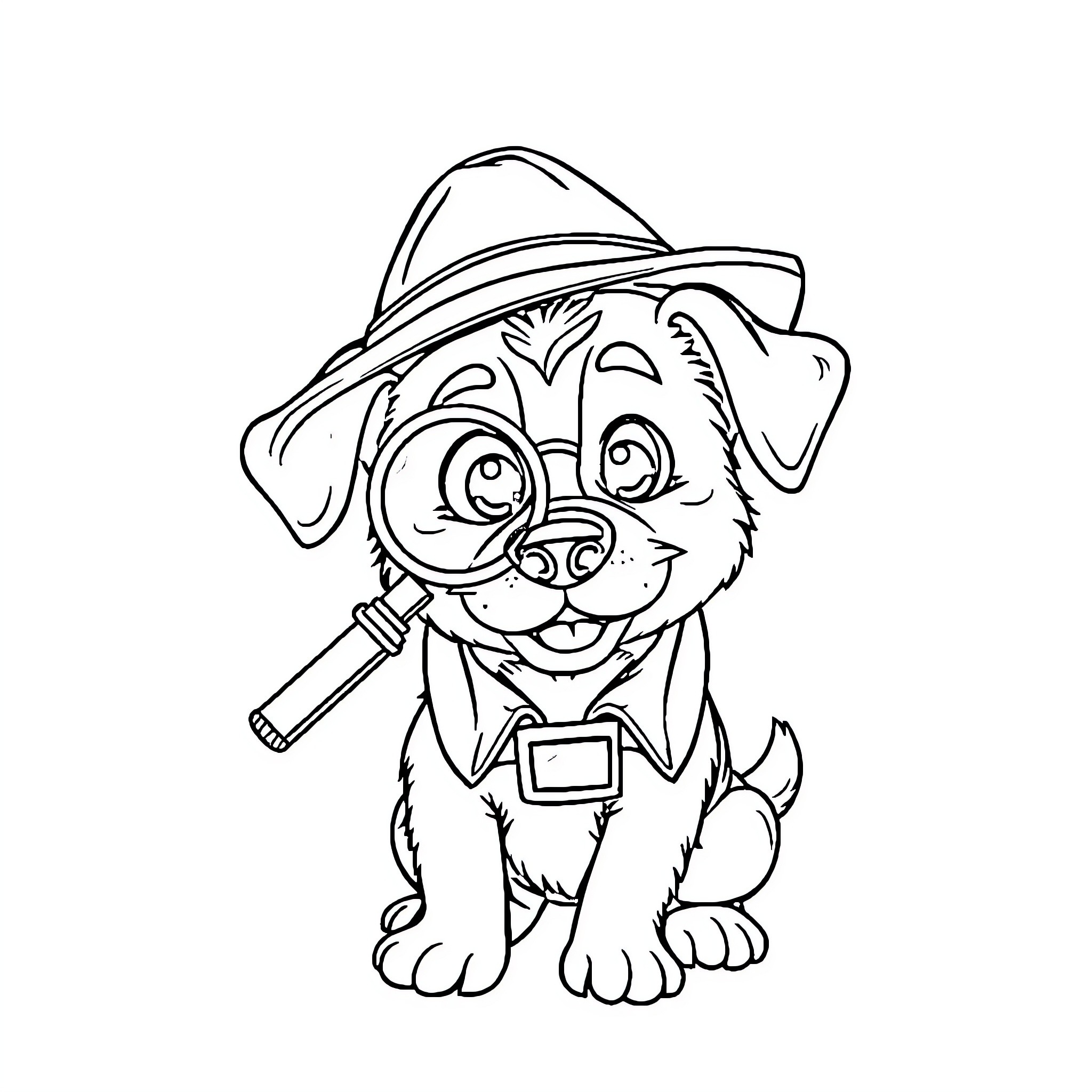 Detective Dog Exploring with Magnifying Glass Coloring Page (free black-and-white line drawing printable PDF for all, from beginners to advanced learners, including children, teens, adults, and seniors)