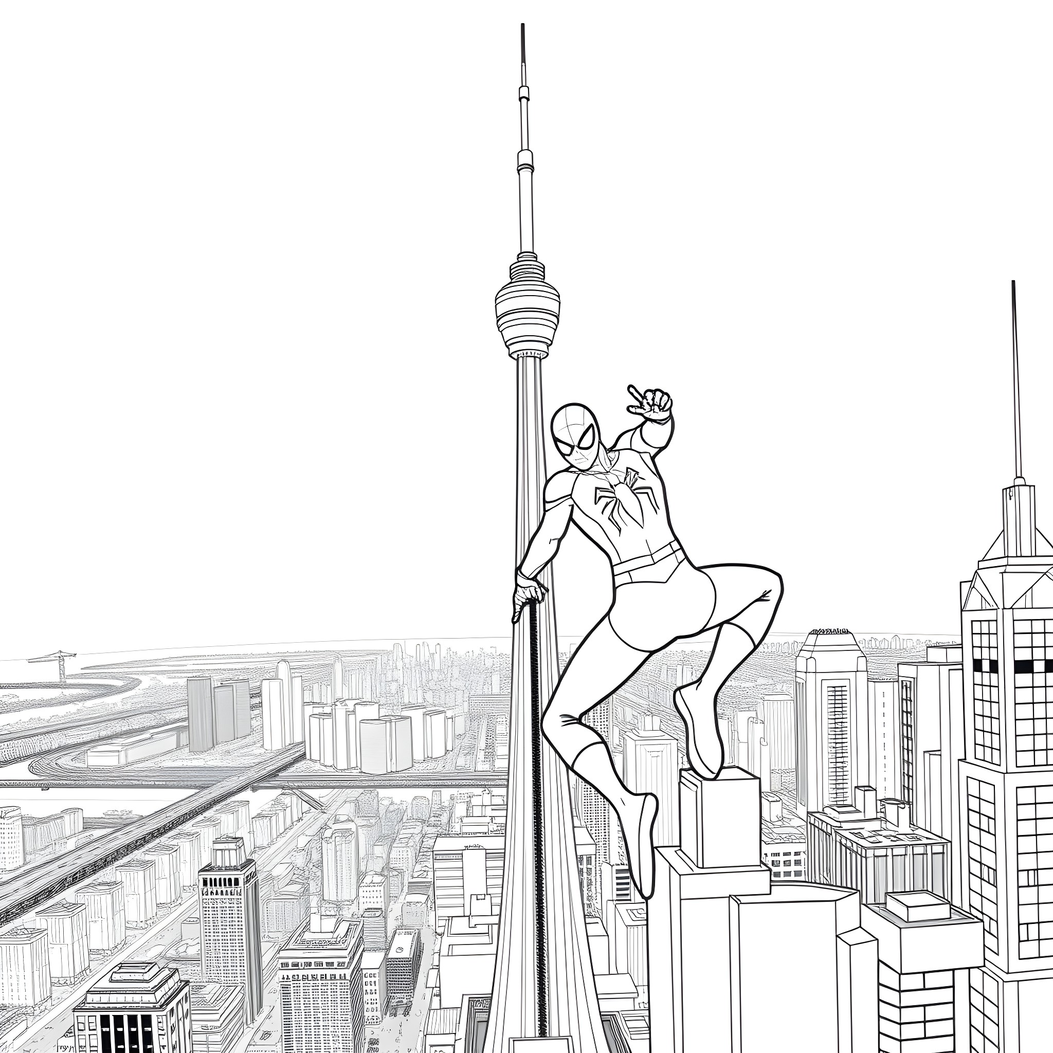 Spiderman swinging high above the city skyline Coloring Page (free black-and-white line drawing printable PDF for all, from beginners to advanced learners, including children, teens, adults, and seniors)