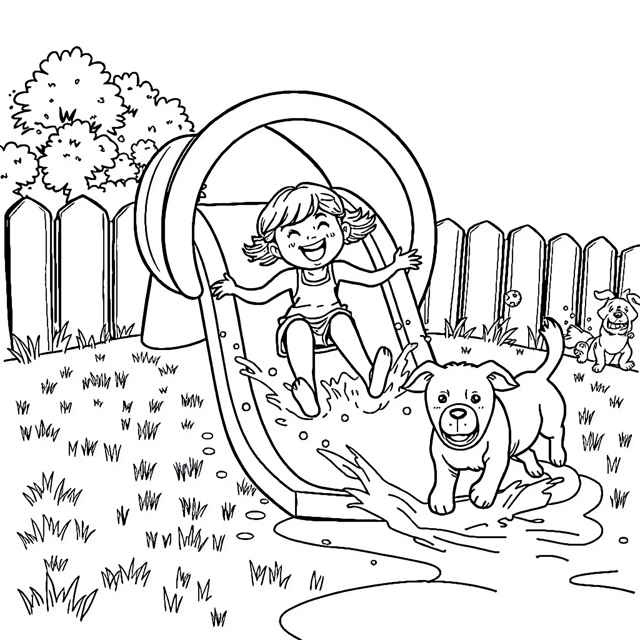 Girl playing joyfully on swing with pet dog Coloring Page (free black-and-white line drawing printable PDF for all, from beginners to advanced learners, including children, teens, adults, and seniors)