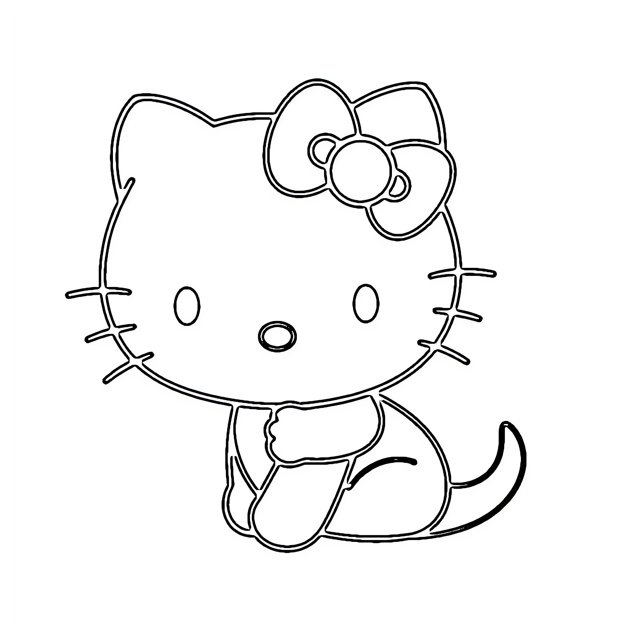 Hello Kitty Sitting Contentedly Coloring Page (free black-and-white line drawing printable PDF for all, from beginners to advanced learners, including children, teens, adults, and seniors)