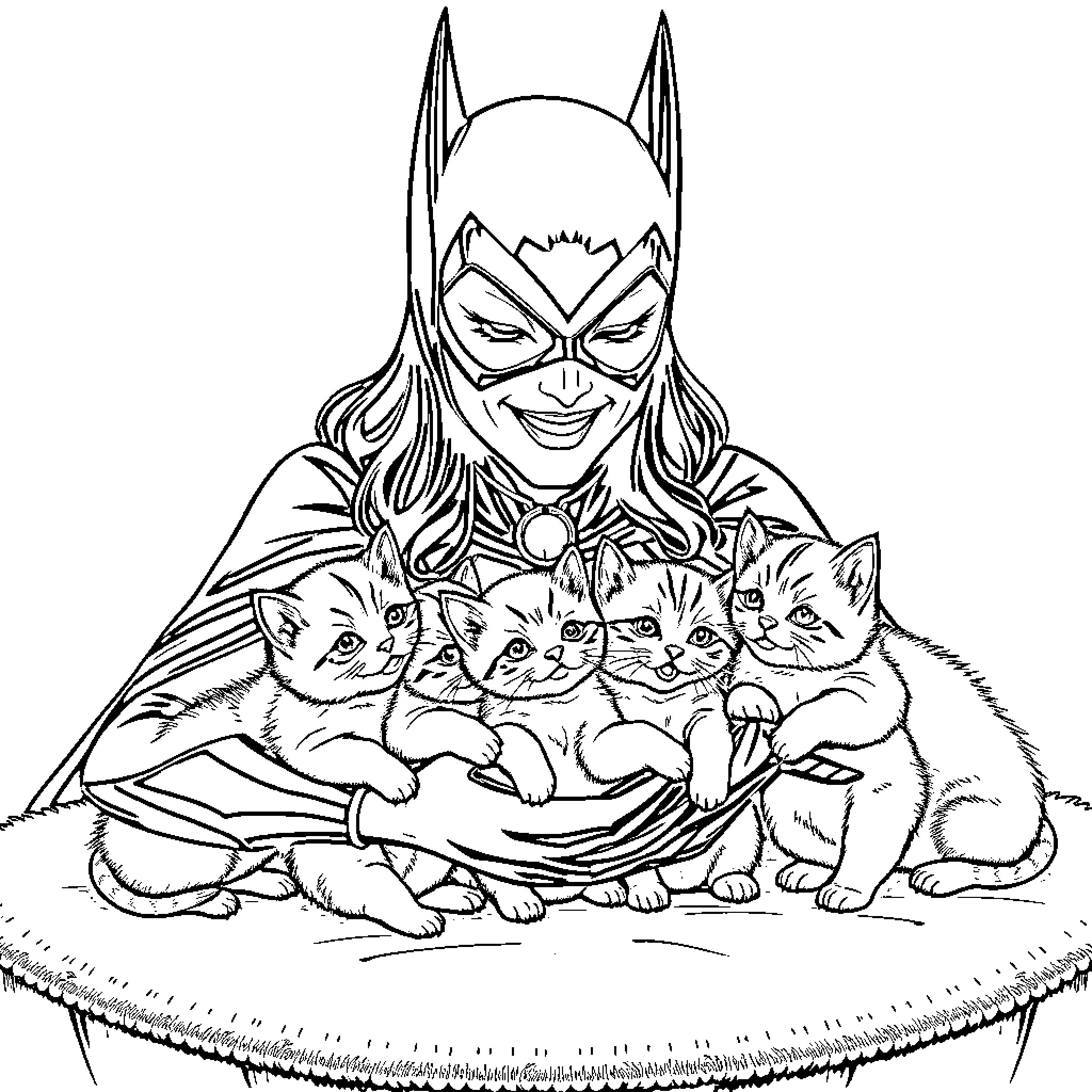 Bat Woman with a Litter of Kittens Coloring Page (free black-and-white line drawing printable PDF for all, from beginners to advanced learners, including children, teens, adults, and seniors)