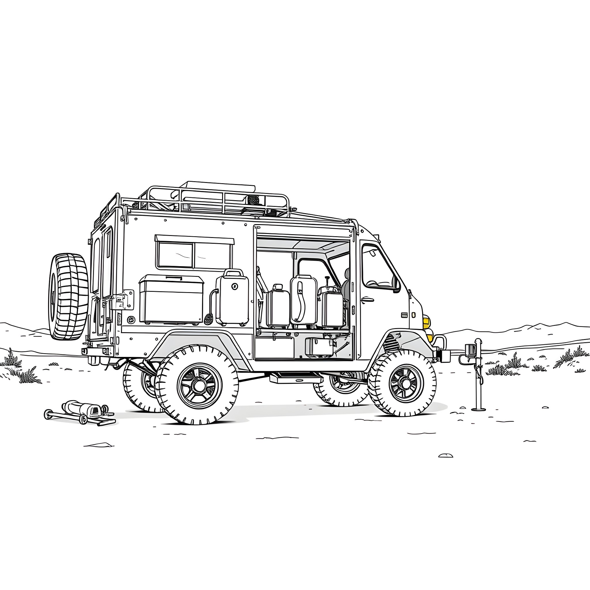 Car Trailer Loaded with Off-Road Adventure Gear Coloring Page (free black-and-white line drawing printable PDF for all, from beginners to advanced learners, including children, teens, adults, and seniors)