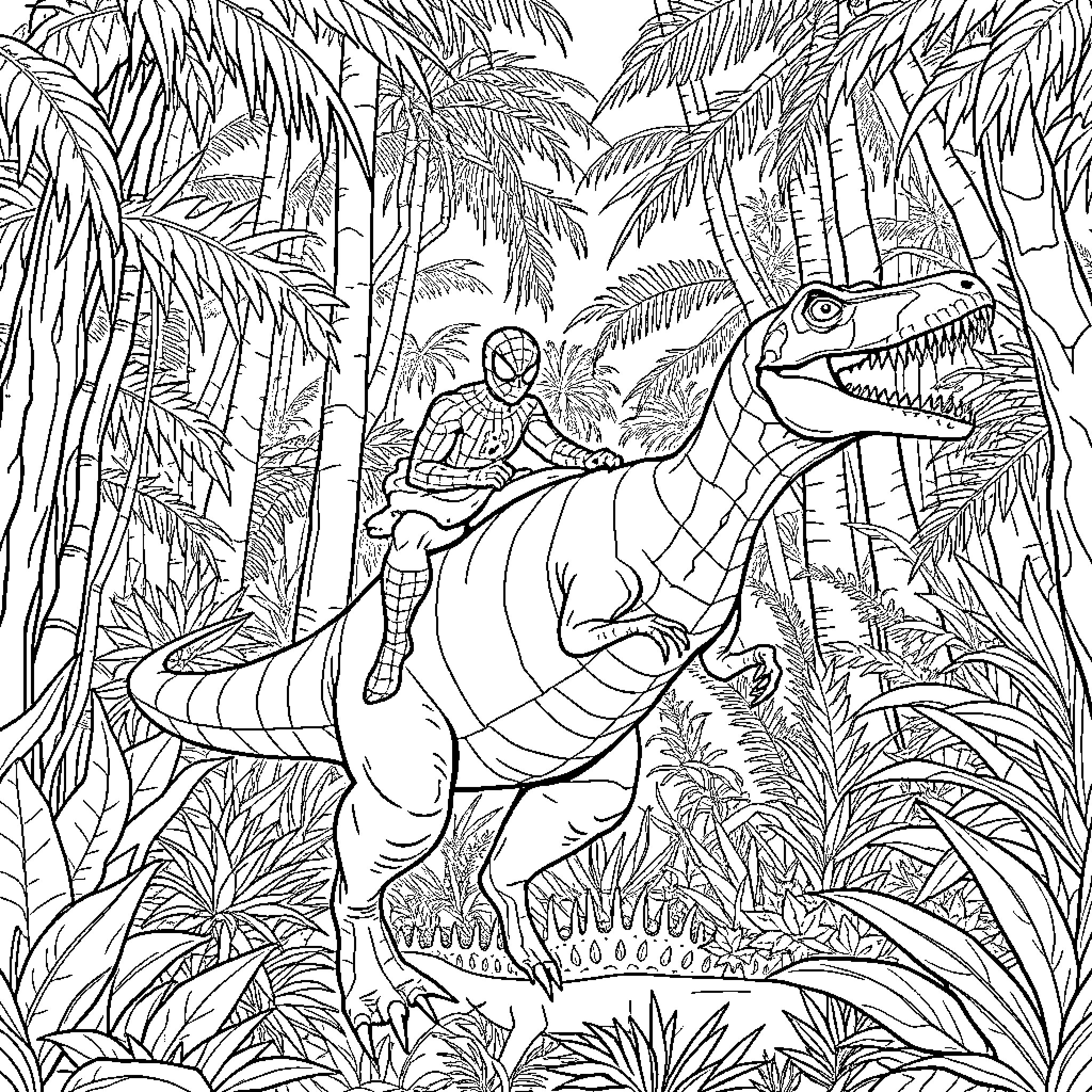 Spiderman riding a dinosaur in a jungle Coloring Page (free black-and-white line drawing printable PDF for all, from beginners to advanced learners, including children, teens, adults, and seniors)